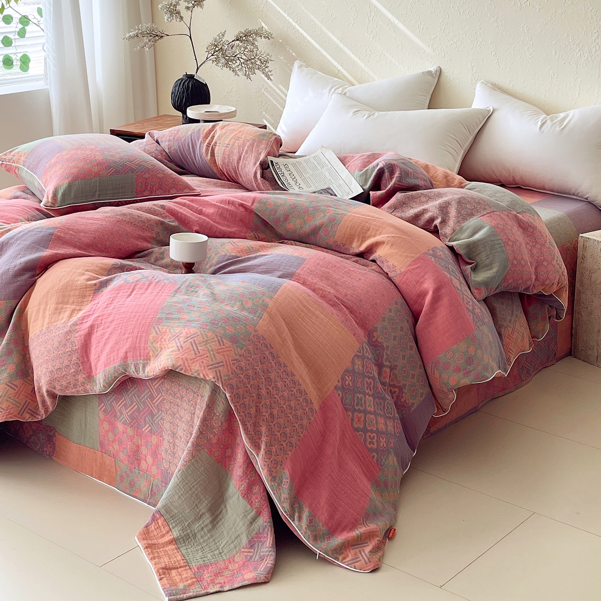 91家纺网 家纺一手货源 找家纺 春皖家纺 2026春夏新款（正反两用）A类提花双层纱单被套 思菱-粉玉