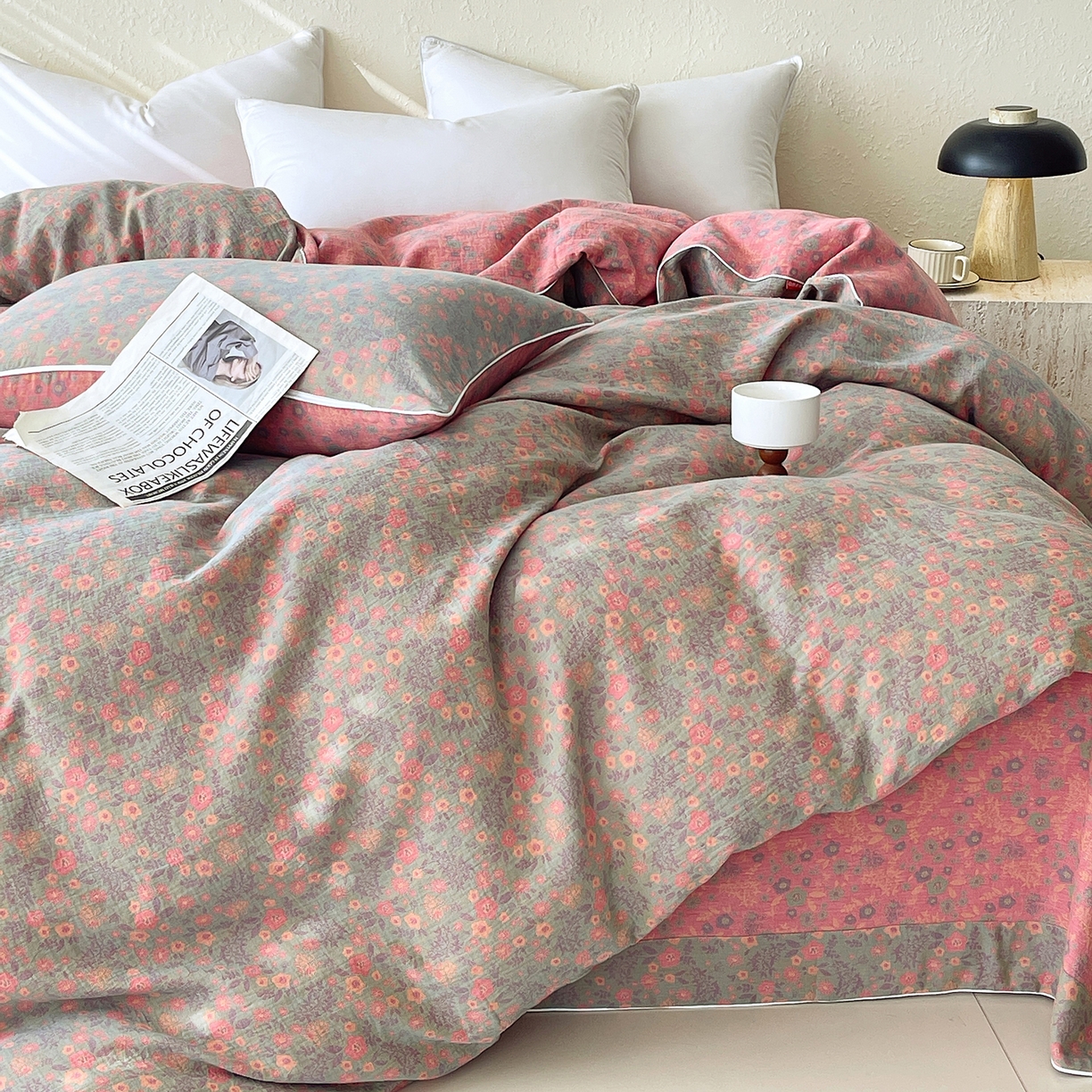 春皖家纺 2026春夏新款（正反两用）A类提花双层纱单被套 惜梦-绿粉