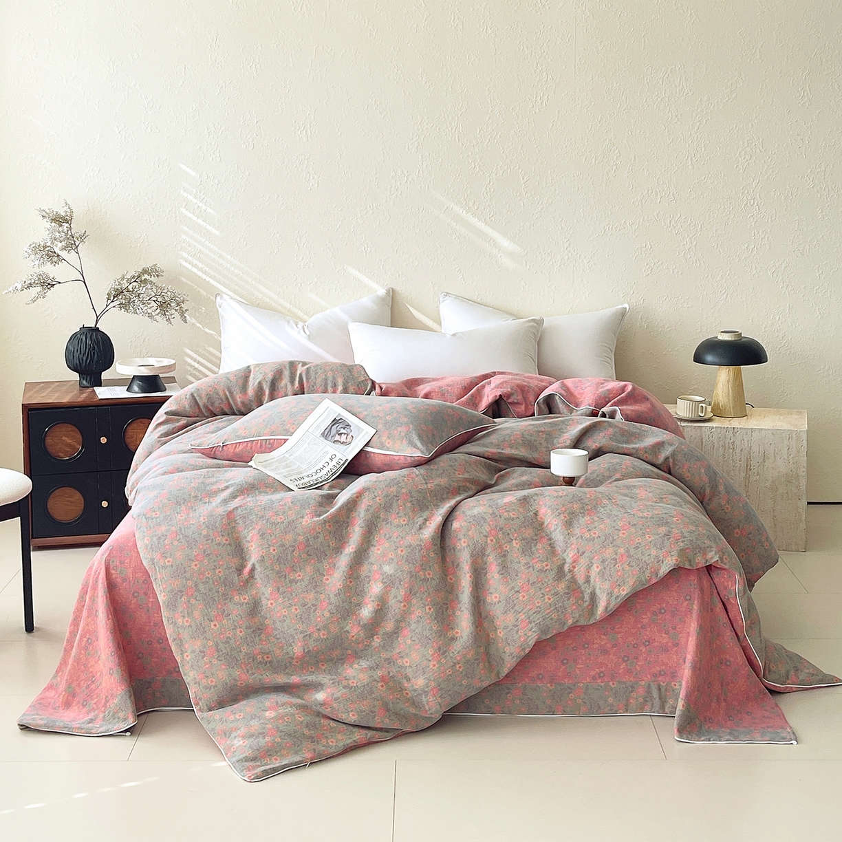 91家纺网 家纺一手货源 找家纺 春皖家纺 2026春夏新款（正反两用）A类提花双层纱单被套 惜梦-绿粉