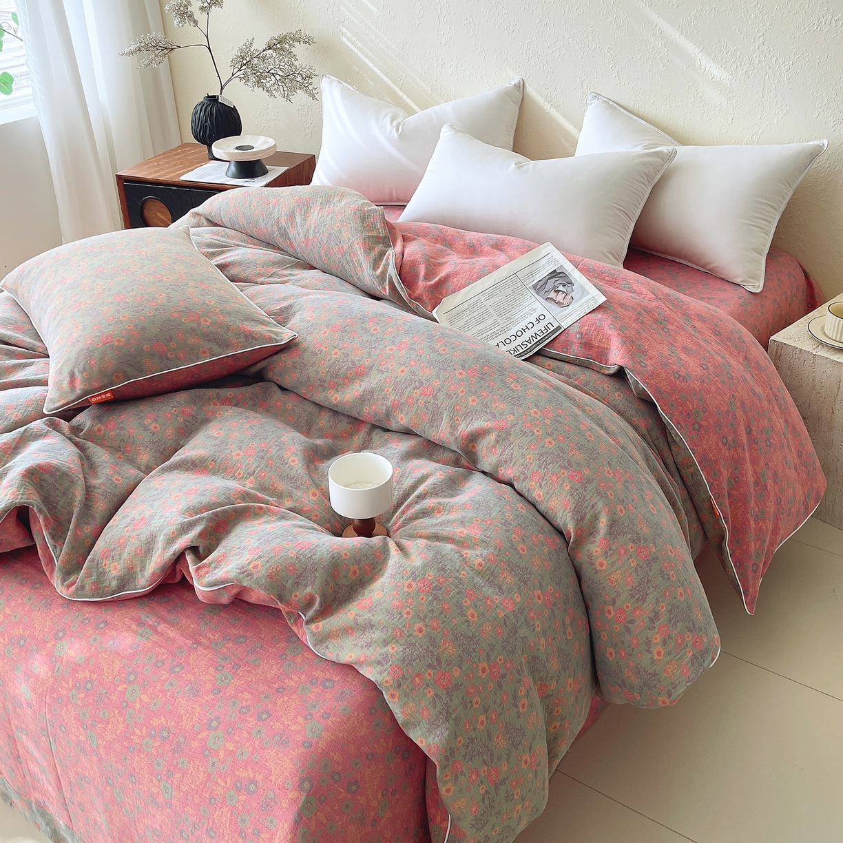 91家纺网 家纺一手货源 找家纺 春皖家纺 2026春夏新款（正反两用）A类提花双层纱单被套 惜梦-绿粉