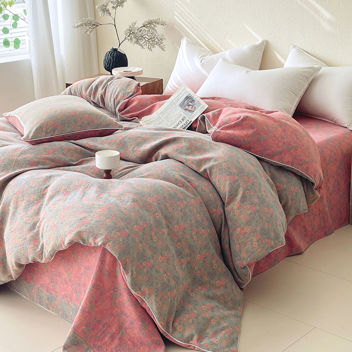 91家纺网 家纺一手货源 找家纺 春皖家纺 2026春夏新款（正反两用）A类提花双层纱单被套 惜梦-绿粉