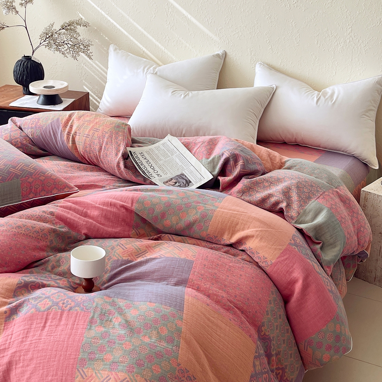 91家纺网 家纺一手货源 找家纺 春皖家纺 2026春夏新款（正反两用）A类提花双层纱单被套 思菱-粉玉