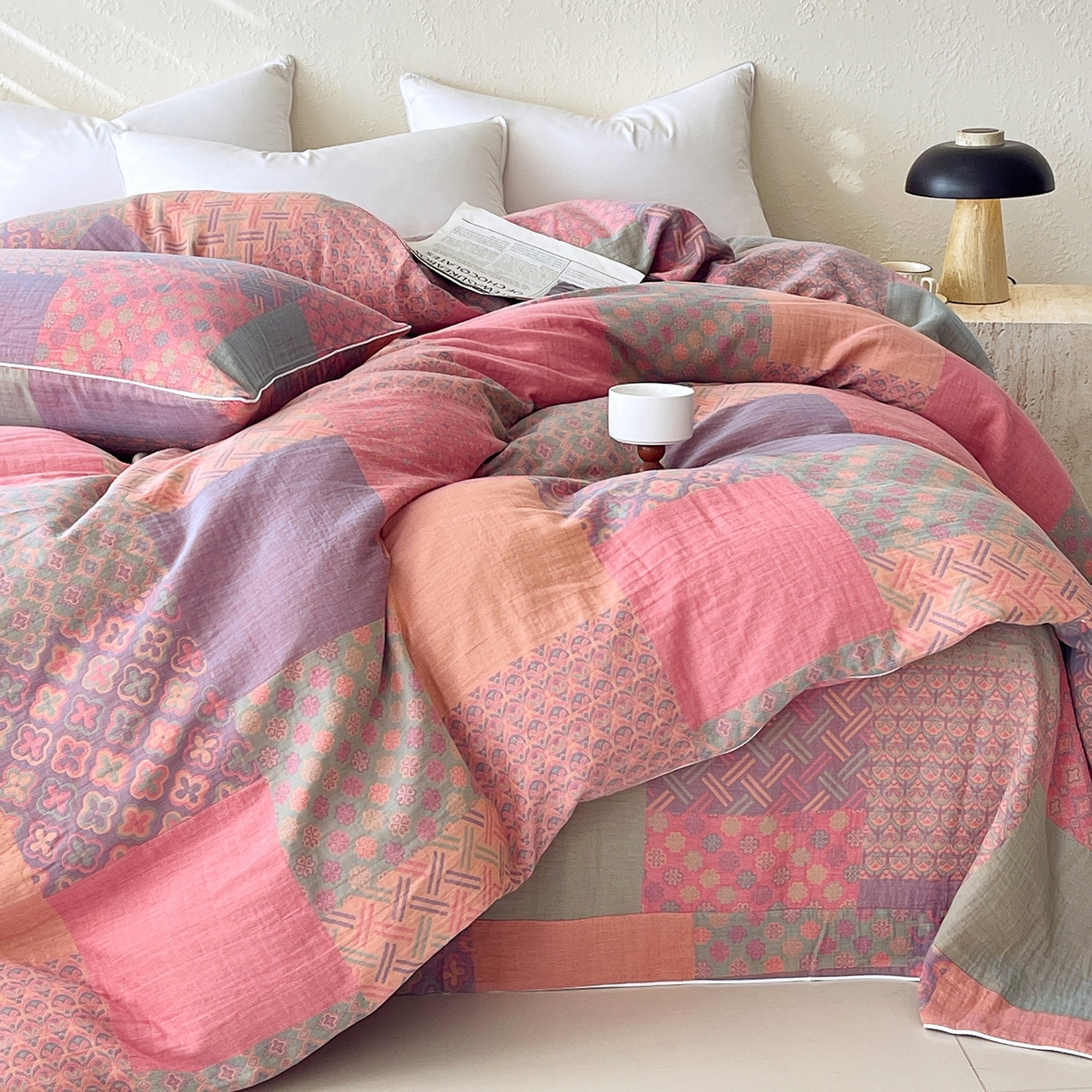 春皖家纺 2026春夏新款（正反两用）A类提花双层纱单被套 思菱-粉玉