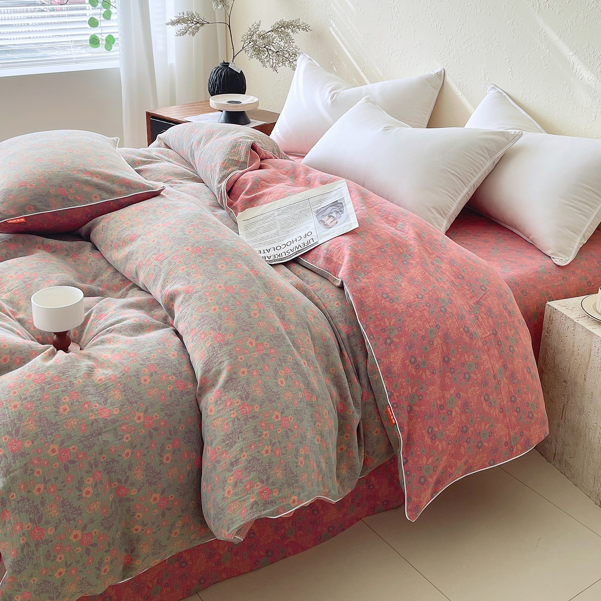 91家纺网 家纺一手货源 找家纺 春皖家纺 2026春夏新款（正反两用）A类提花双层纱单被套 惜梦-绿粉