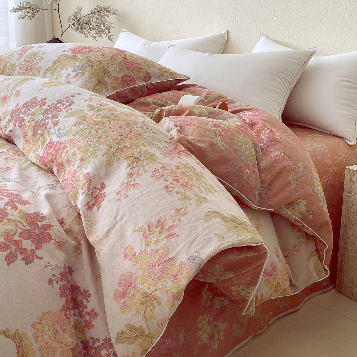 91家纺网 家纺一手货源 找家纺 春皖家纺 2026春夏新款（正反两用）A类提花双层纱单被套 霞沫