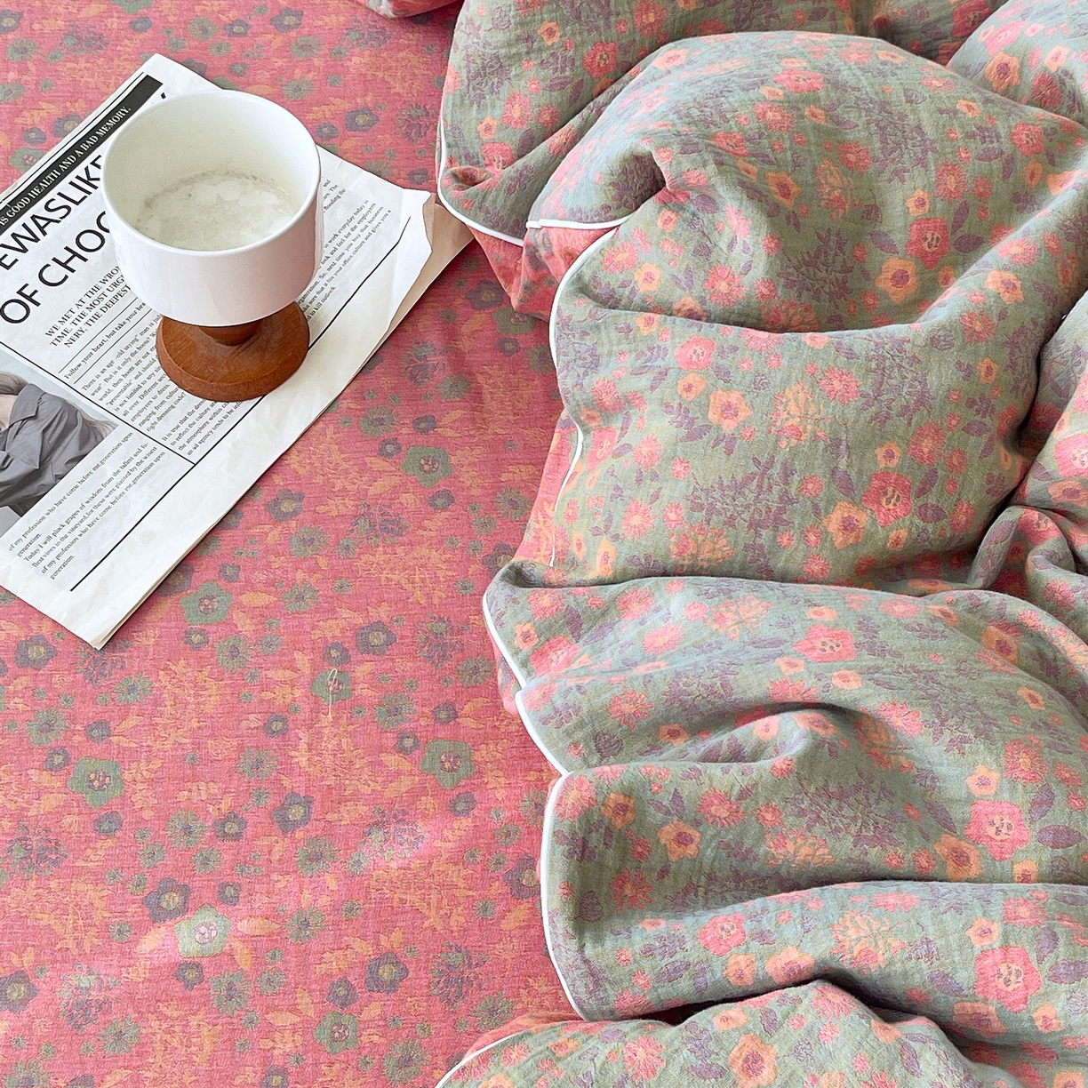 91家纺网 家纺一手货源 找家纺 春皖家纺 2026春夏新款（正反两用）A类提花双层纱单被套 惜梦-绿粉