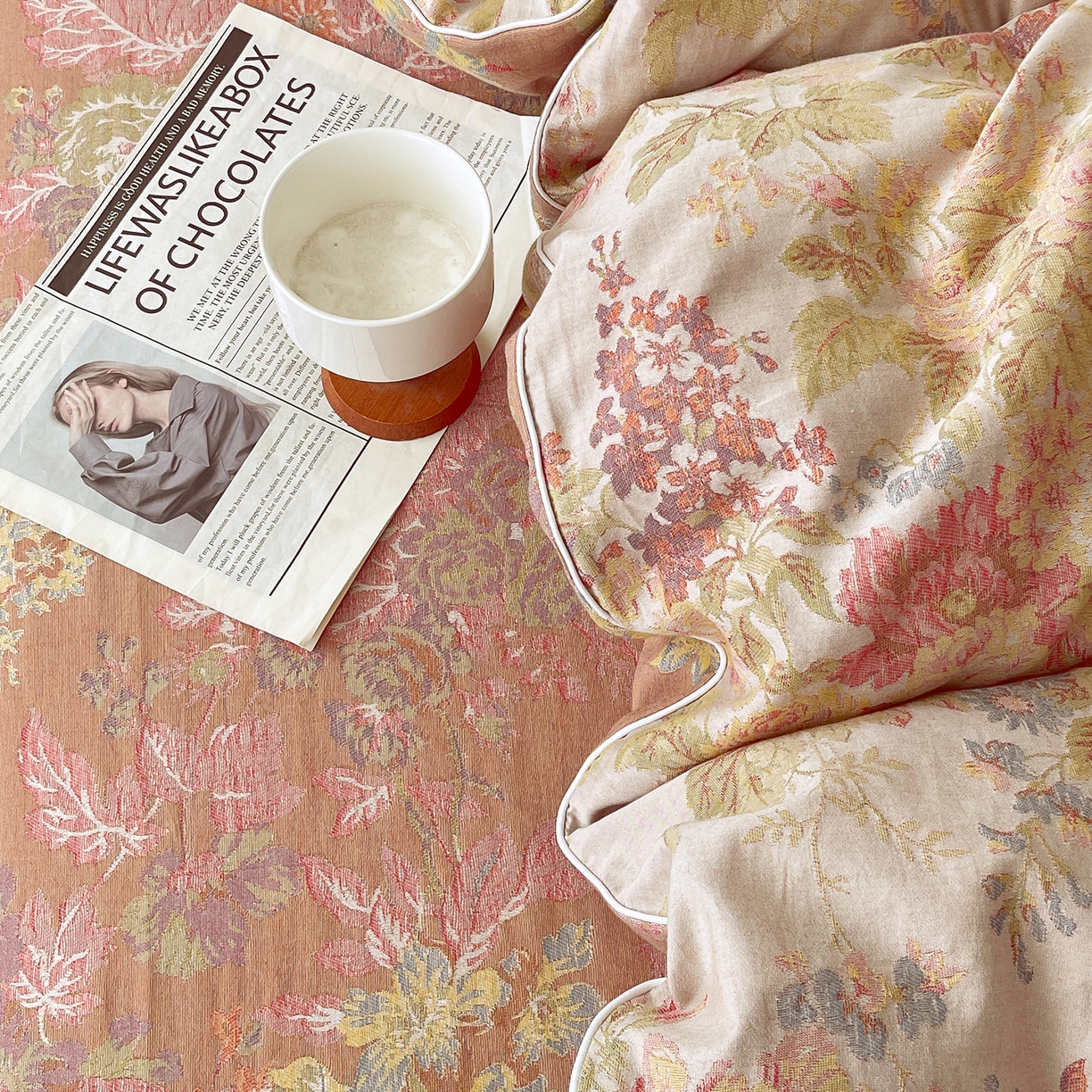 91家纺网 家纺一手货源 找家纺 春皖家纺 2026春夏新款（正反两用）A类提花双层纱单被套 霞沫