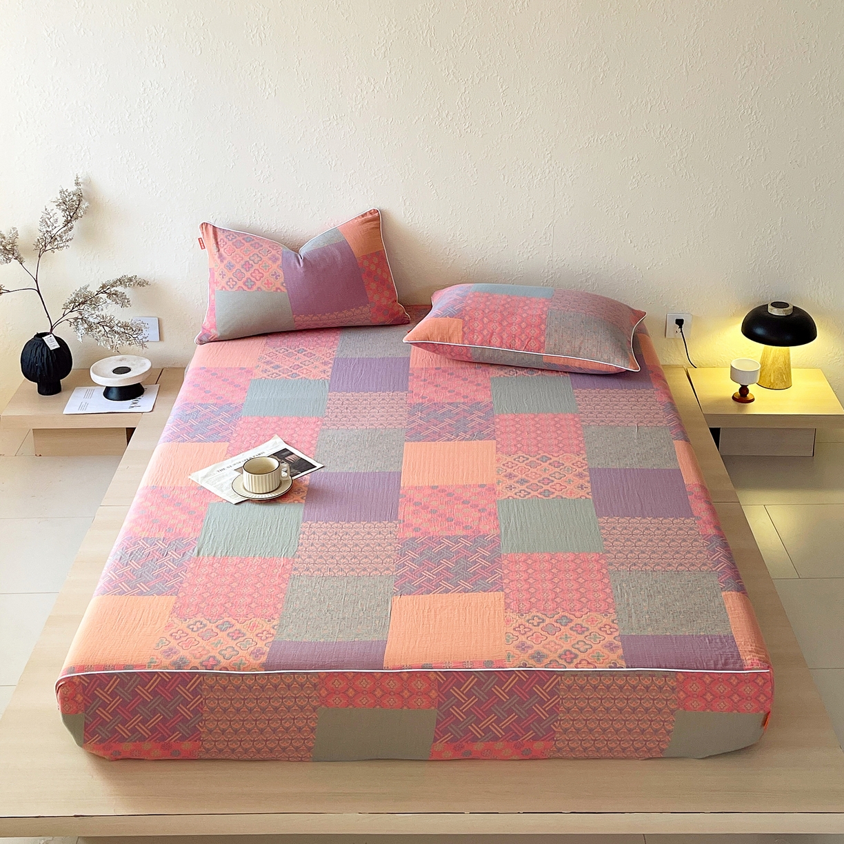 91家纺网 家纺一手货源 找家纺 春皖家纺 2026春夏新款（正反两用）A类提花双层纱单床笠 思菱-粉玉