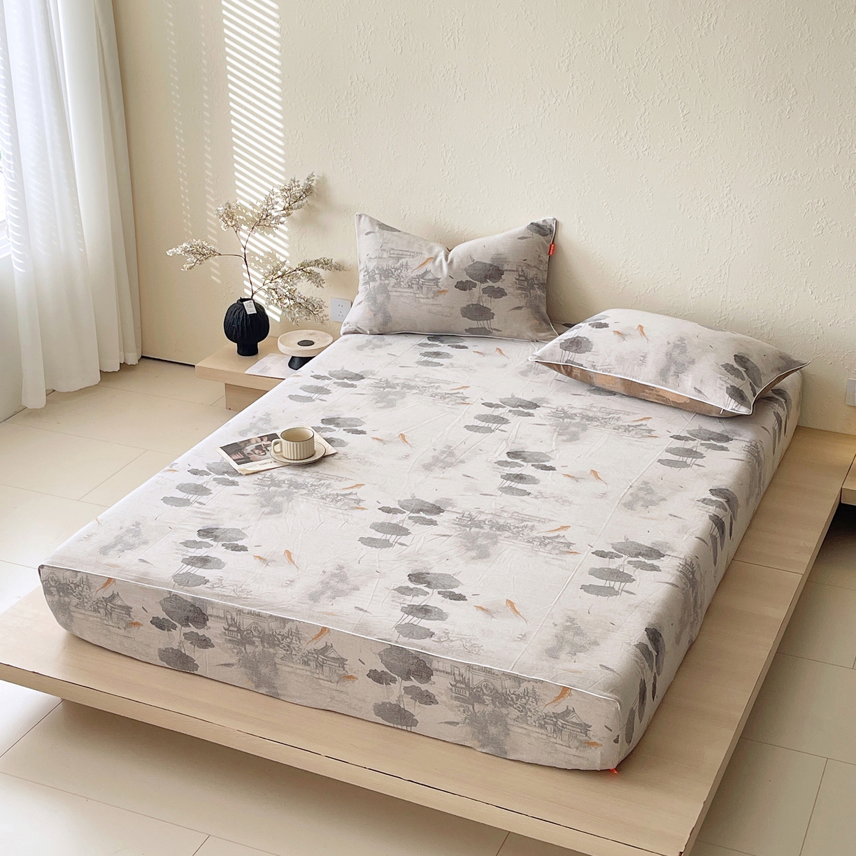 91家纺网 家纺一手货源 找家纺 春皖家纺 2026春夏新款（正反两用）A类提花双层纱单床笠 荷芷