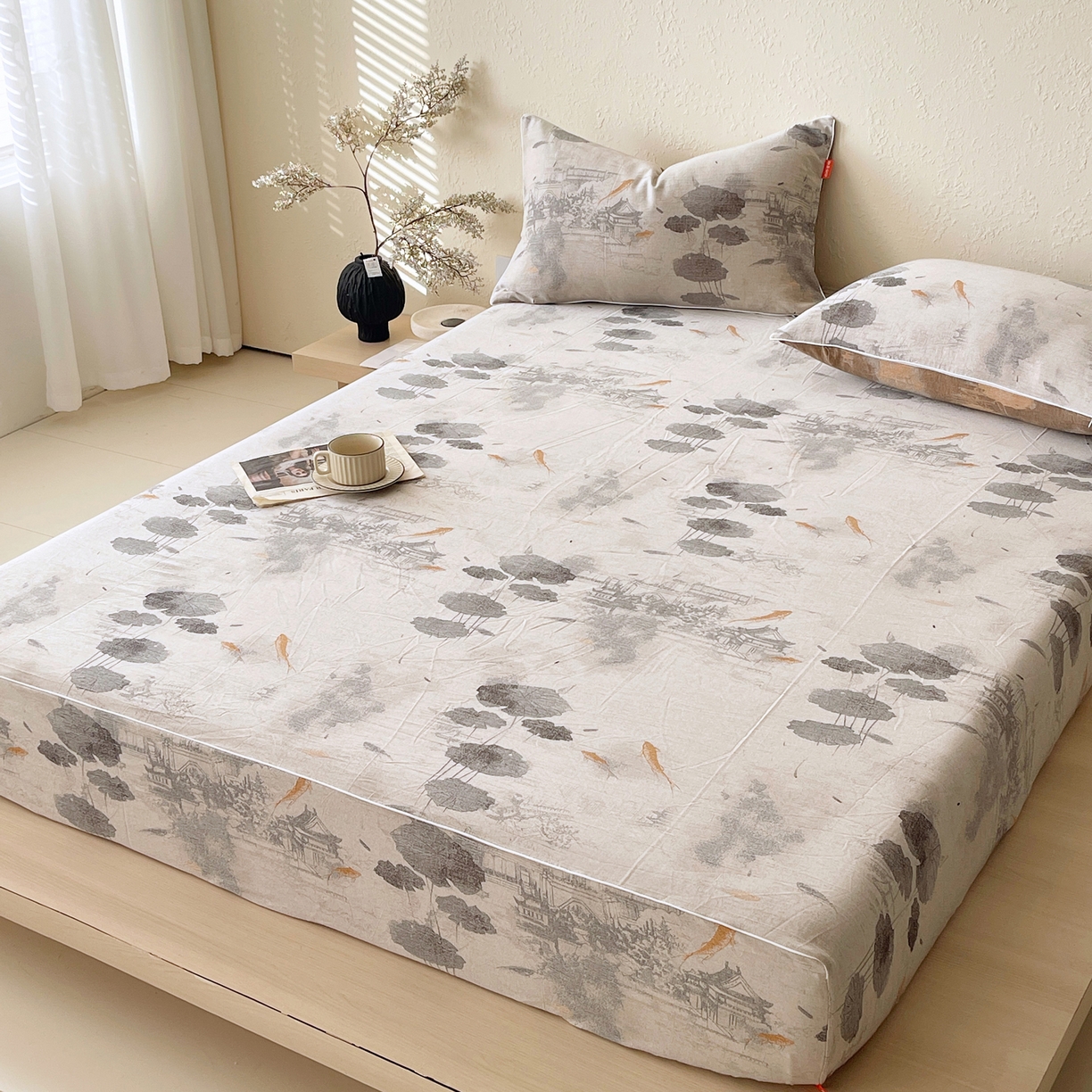 91家纺网 家纺一手货源 找家纺 春皖家纺 2026春夏新款（正反两用）A类提花双层纱单床笠 荷芷