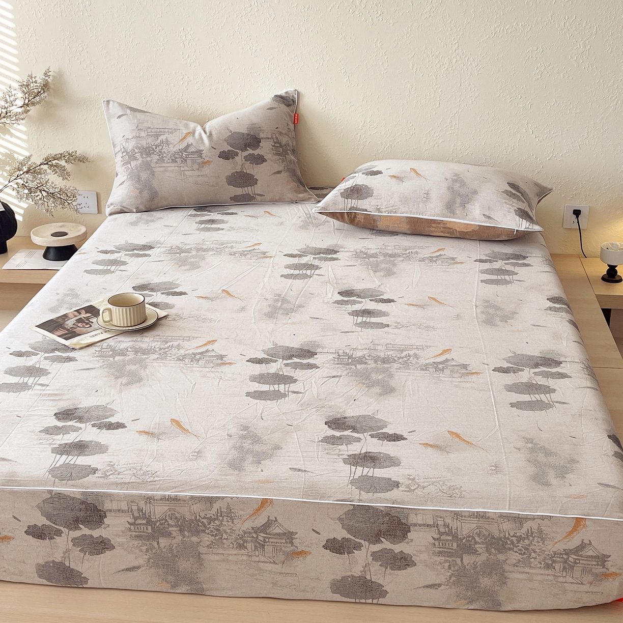 91家纺网 家纺一手货源 找家纺 春皖家纺 2026春夏新款（正反两用）A类提花双层纱单床笠 荷芷