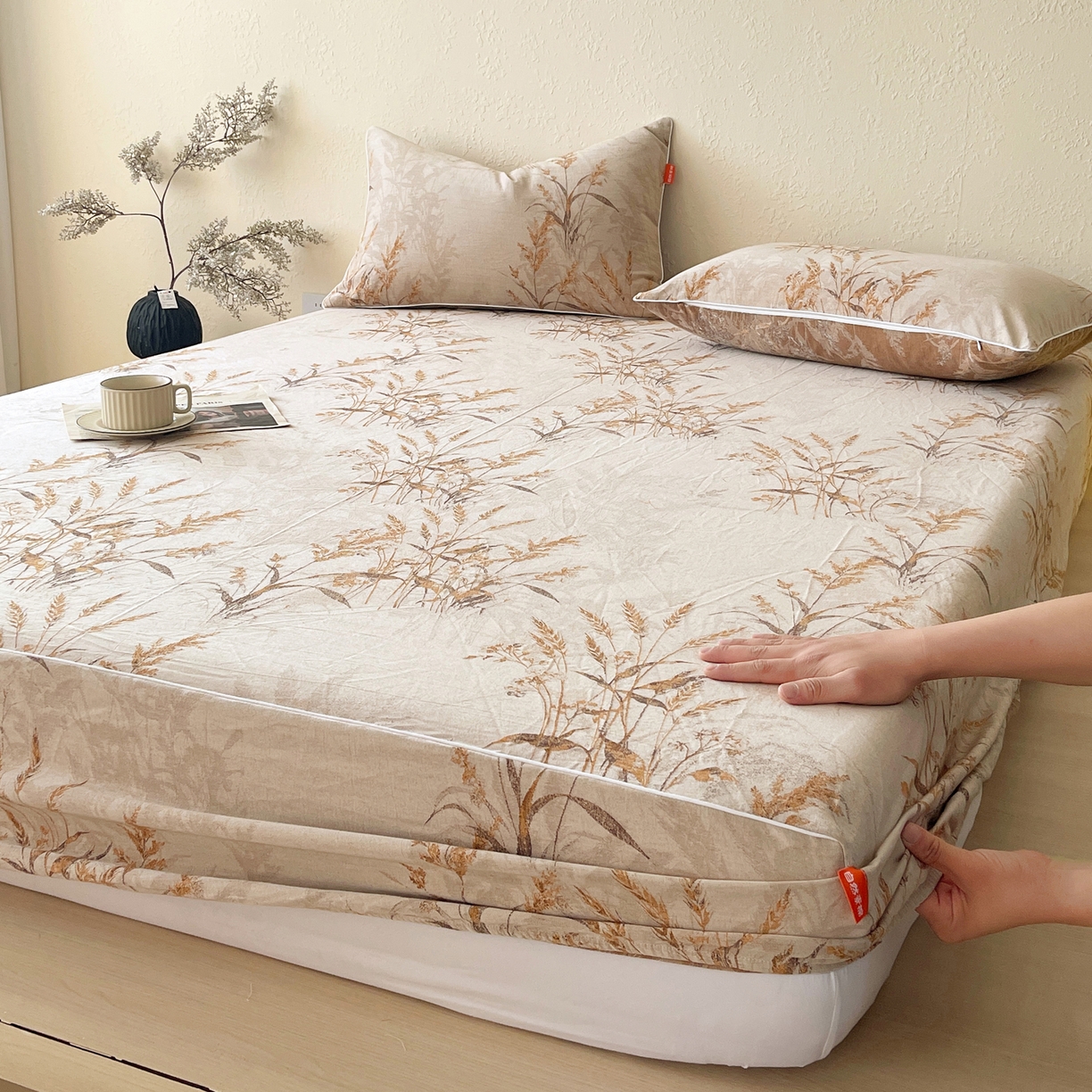 91家纺网 家纺一手货源 找家纺 春皖家纺 2026春夏新款（正反两用）A类提花双层纱单床笠 金穗