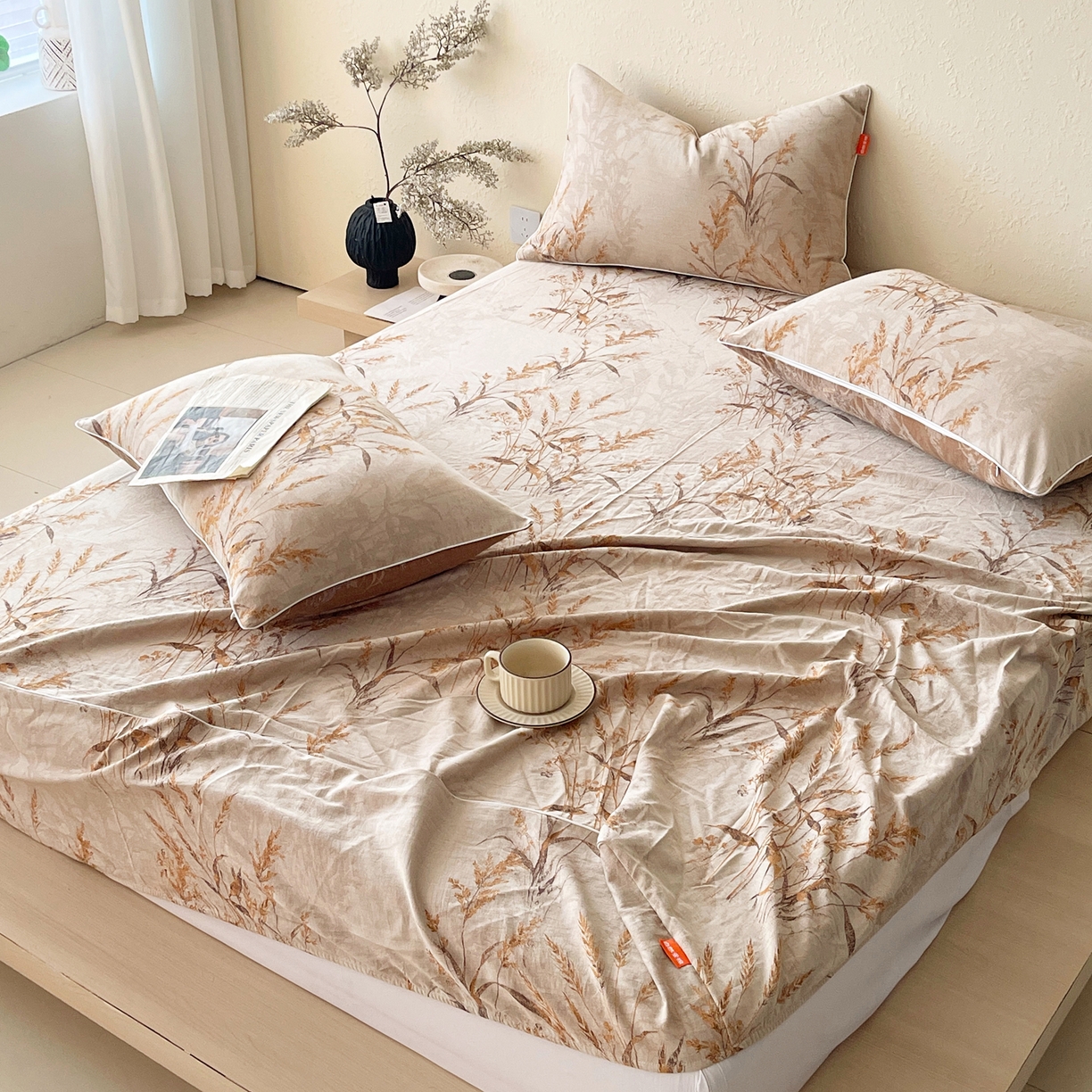 91家纺网 家纺一手货源 找家纺 春皖家纺 2026春夏新款（正反两用）A类提花双层纱单床笠 金穗