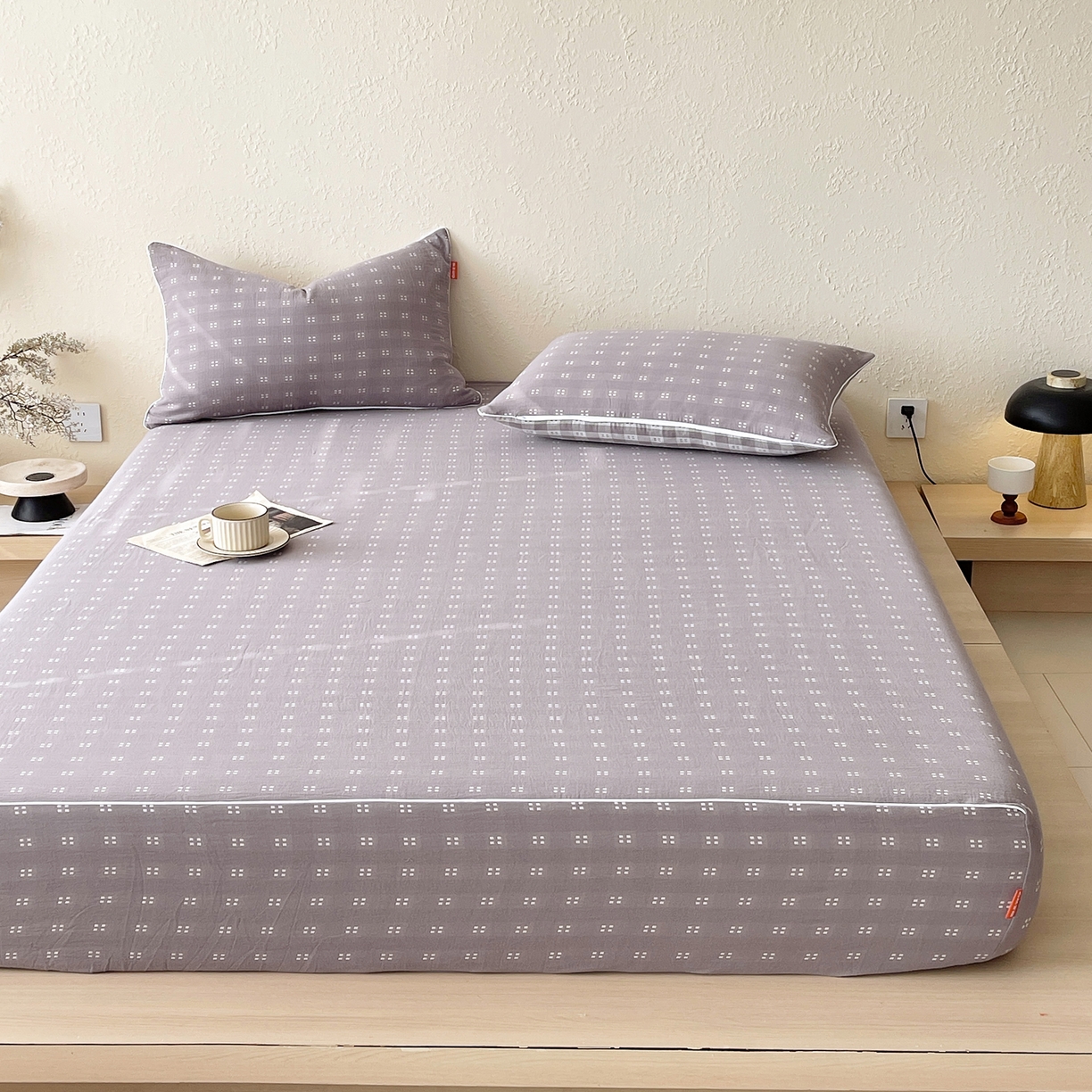 91家纺网 家纺一手货源 找家纺 春皖家纺 2026春夏新款（正反两用）A类提花双层纱单床笠 思柔-烟灰