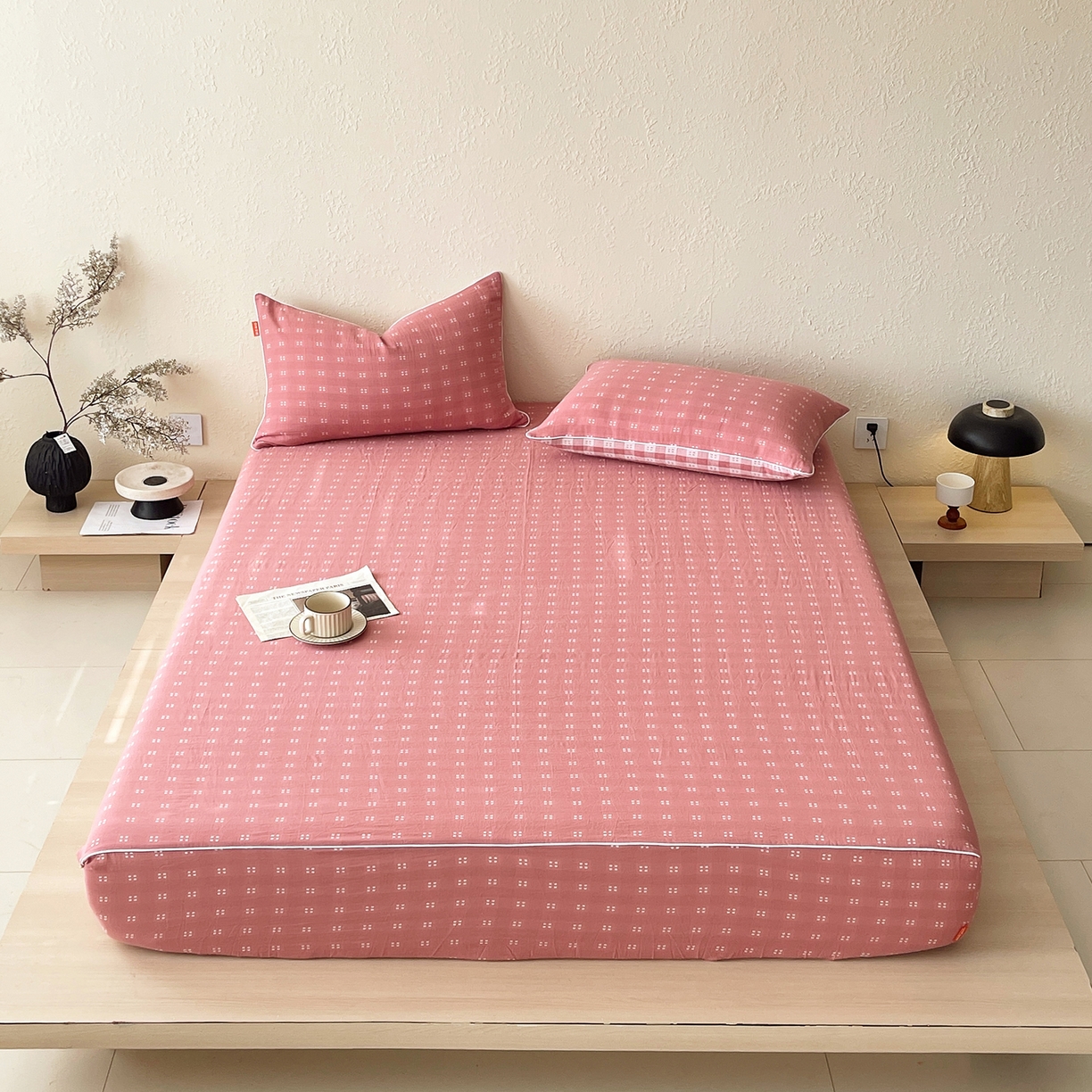 春皖家纺 2026春夏新款（正反两用）A类提花双层纱单床笠 思柔-粉红