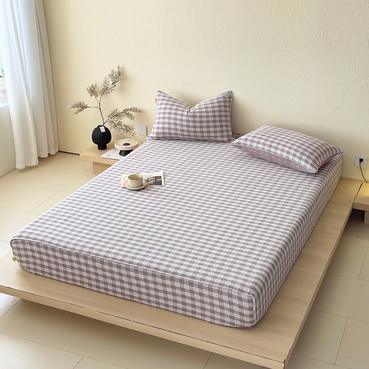 91家纺网 家纺一手货源 找家纺 春皖家纺 2026春夏新款（正反两用）A类提花双层纱单床笠 思柔-烟灰