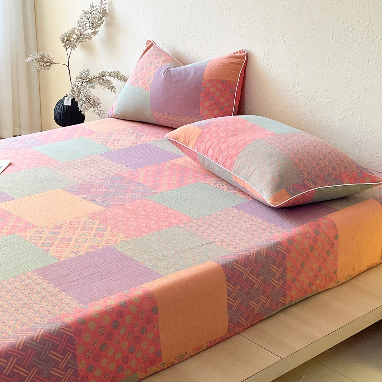 91家纺网 家纺一手货源 找家纺 春皖家纺 2026春夏新款（正反两用）A类提花双层纱单床笠 思菱-粉玉