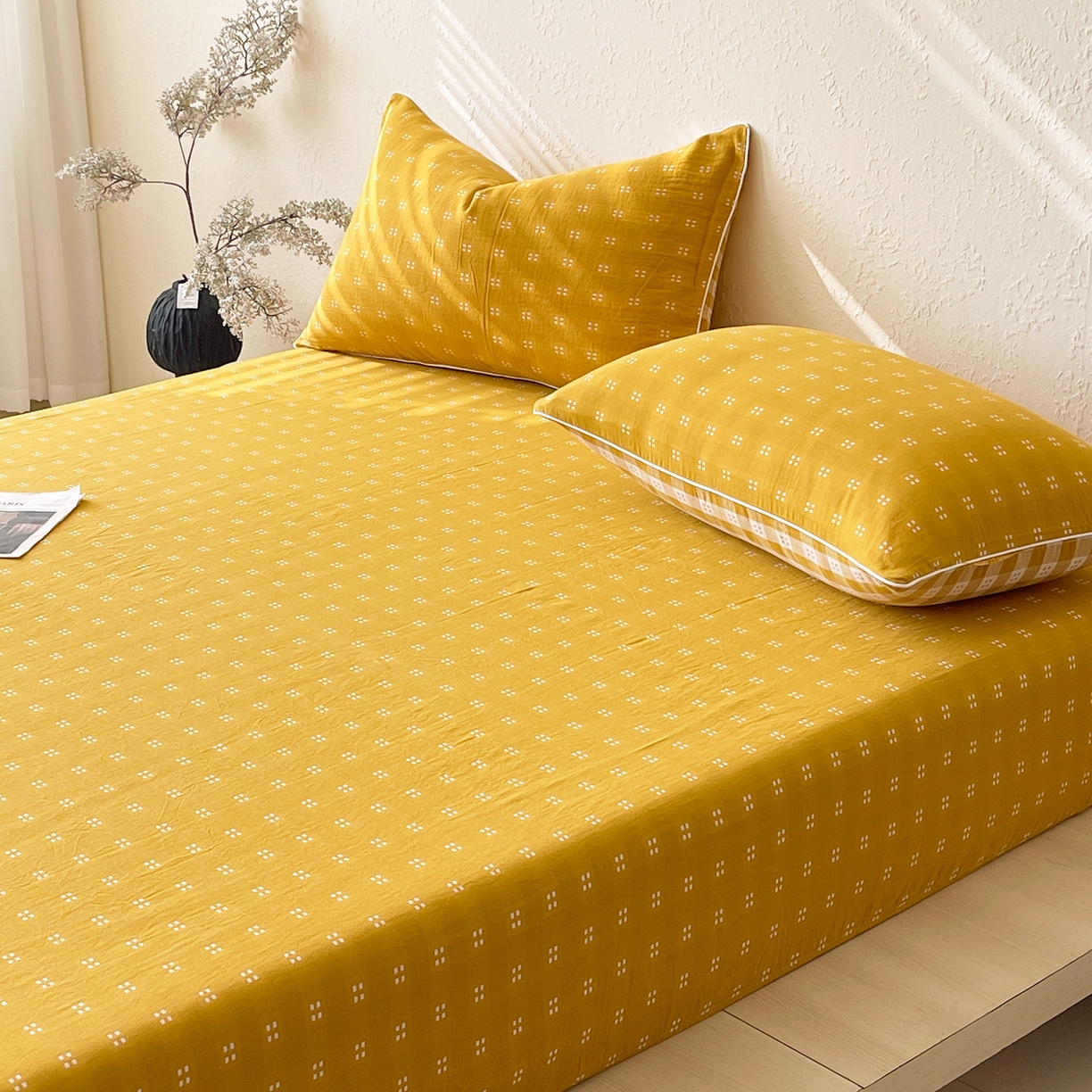 91家纺网 家纺一手货源 找家纺 春皖家纺 2026春夏新款（正反两用）A类提花双层纱单床笠 思柔-黄杏