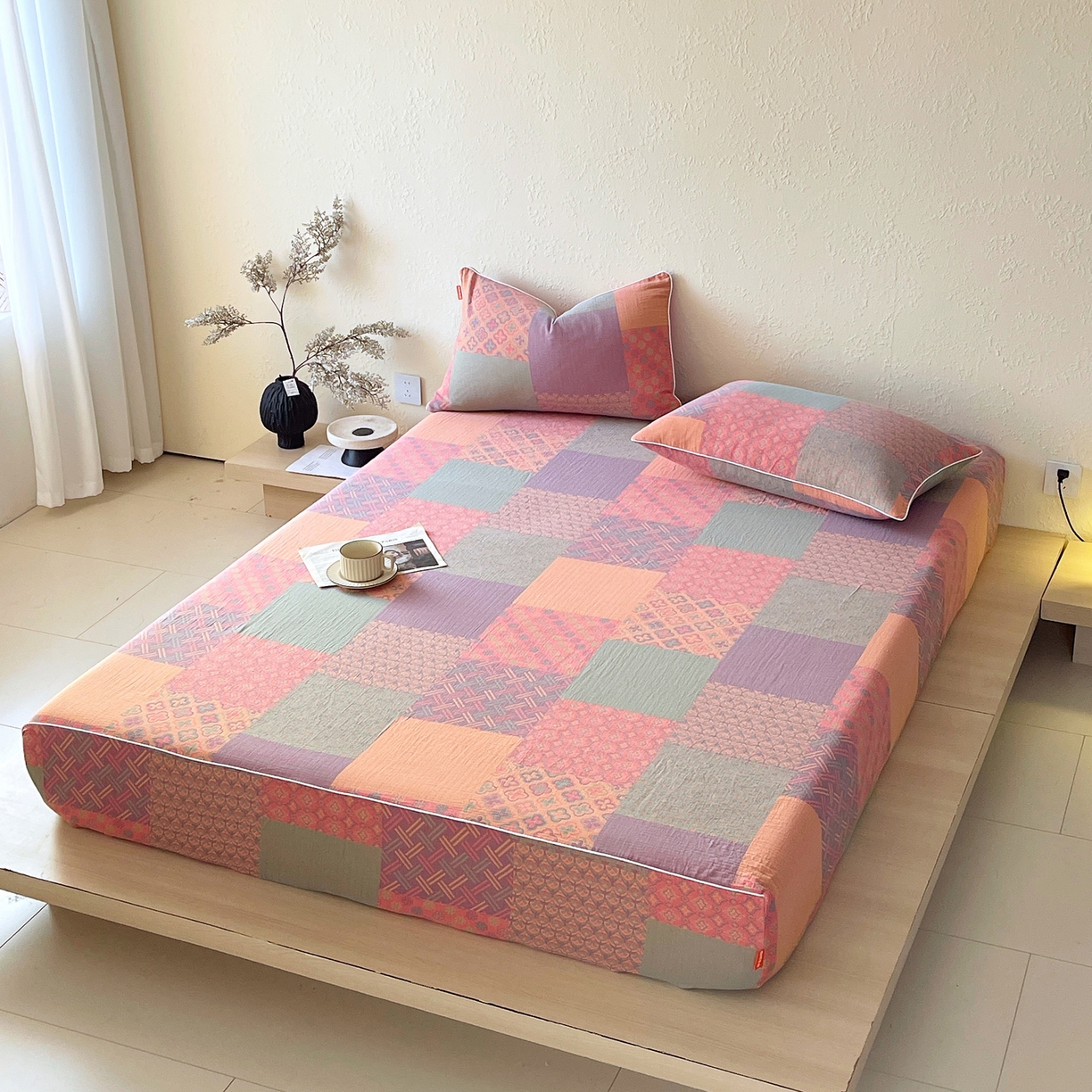 91家纺网 家纺一手货源 找家纺 春皖家纺 2026春夏新款（正反两用）A类提花双层纱单床笠 思菱-粉玉