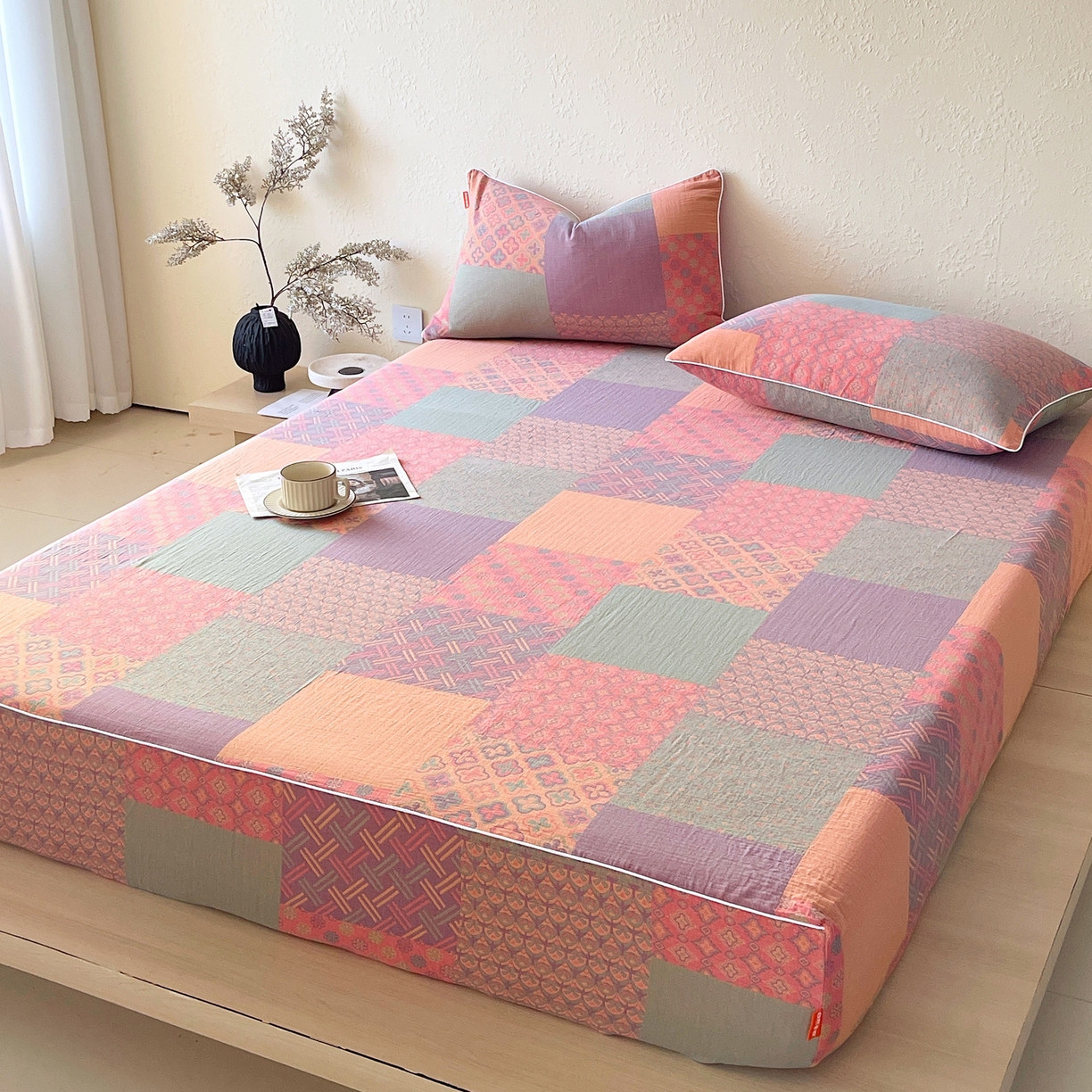 91家纺网 家纺一手货源 找家纺 春皖家纺 2026春夏新款（正反两用）A类提花双层纱单床笠 思菱-粉玉