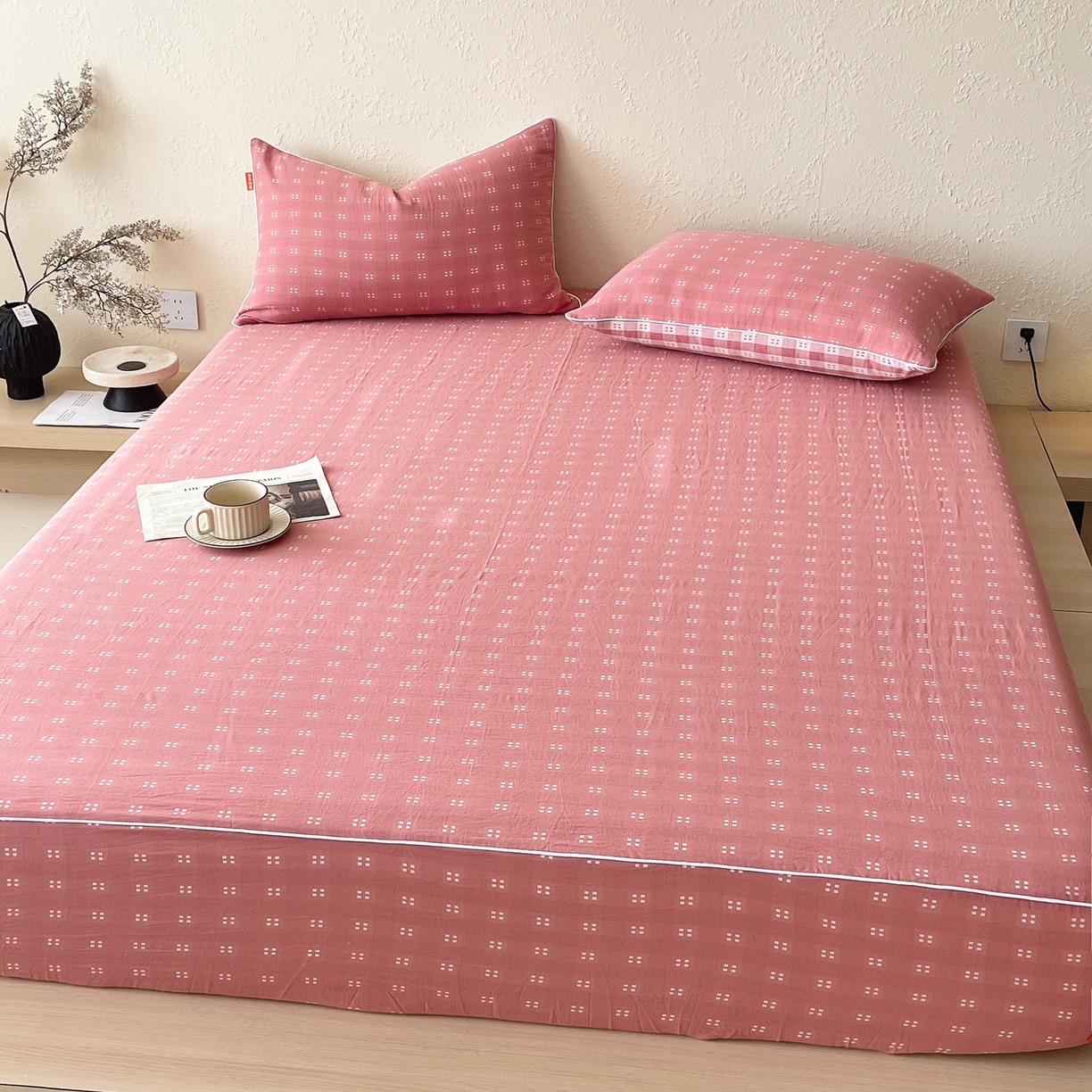 91家纺网 家纺一手货源 找家纺 春皖家纺 2026春夏新款（正反两用）A类提花双层纱单床笠 思柔-粉红