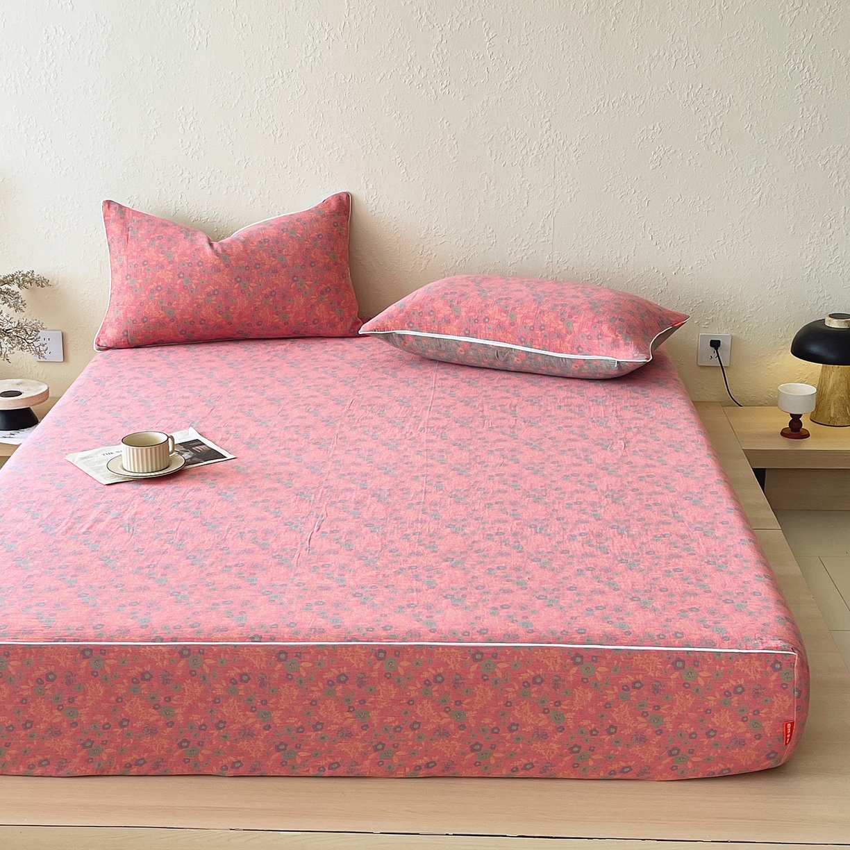 91家纺网 家纺一手货源 找家纺 春皖家纺 2026春夏新款（正反两用）A类提花双层纱单床笠 惜梦-绿粉