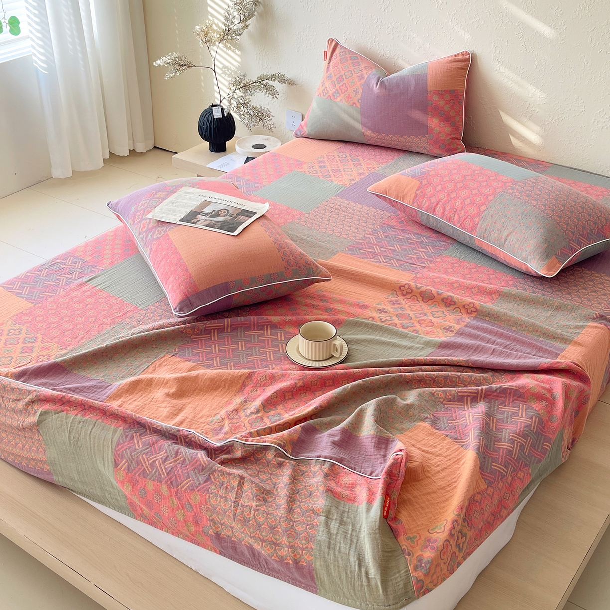 91家纺网 家纺一手货源 找家纺 春皖家纺 2026春夏新款（正反两用）A类提花双层纱单床笠 思菱-粉玉