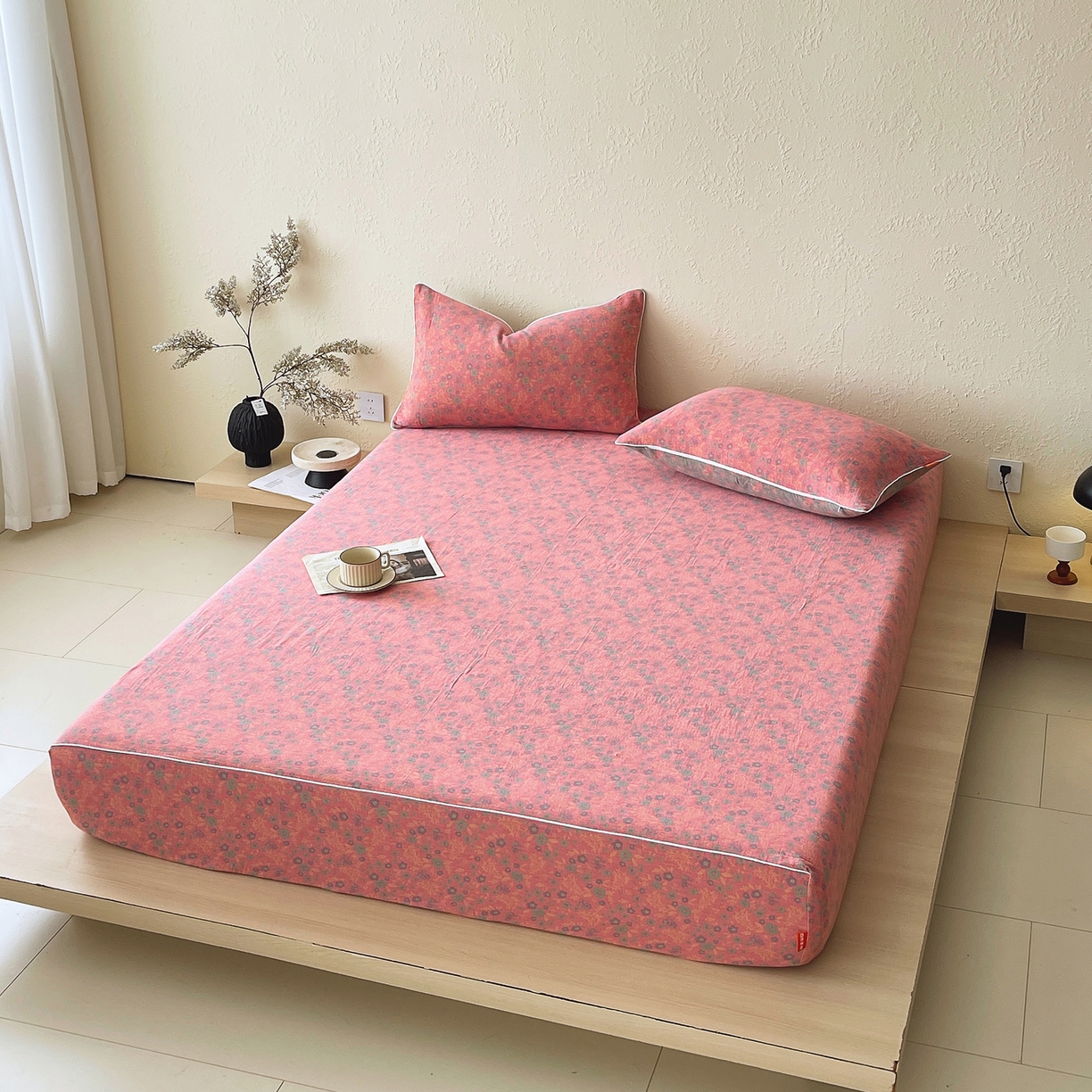 91家纺网 家纺一手货源 找家纺 春皖家纺 2026春夏新款（正反两用）A类提花双层纱单床笠 惜梦-绿粉