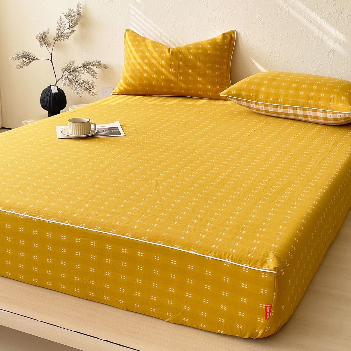 91家纺网 家纺一手货源 找家纺 春皖家纺 2026春夏新款（正反两用）A类提花双层纱单床笠 思柔-黄杏