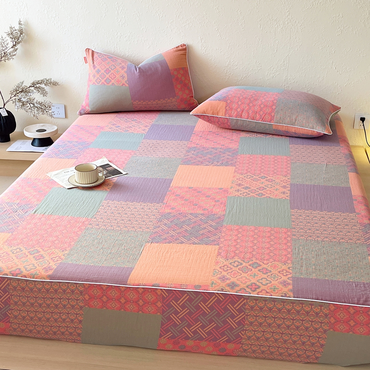 91家纺网 家纺一手货源 找家纺 春皖家纺 2026春夏新款（正反两用）A类提花双层纱单床笠 思菱-粉玉