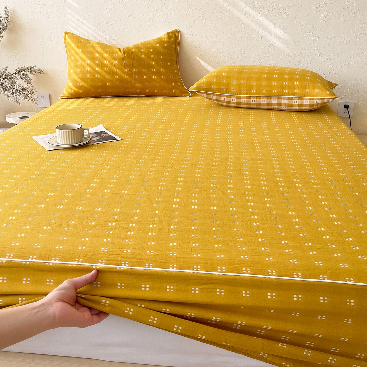 91家纺网 家纺一手货源 找家纺 春皖家纺 2026春夏新款（正反两用）A类提花双层纱单床笠 思柔-黄杏