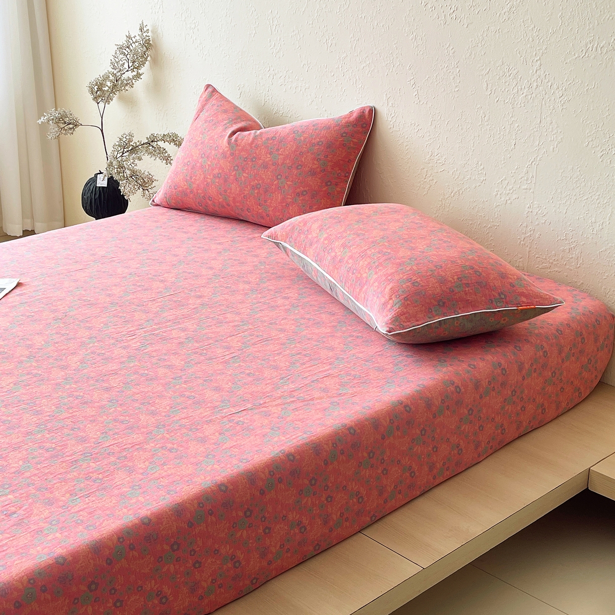 91家纺网 家纺一手货源 找家纺 春皖家纺 2026春夏新款（正反两用）A类提花双层纱单床笠 惜梦-绿粉