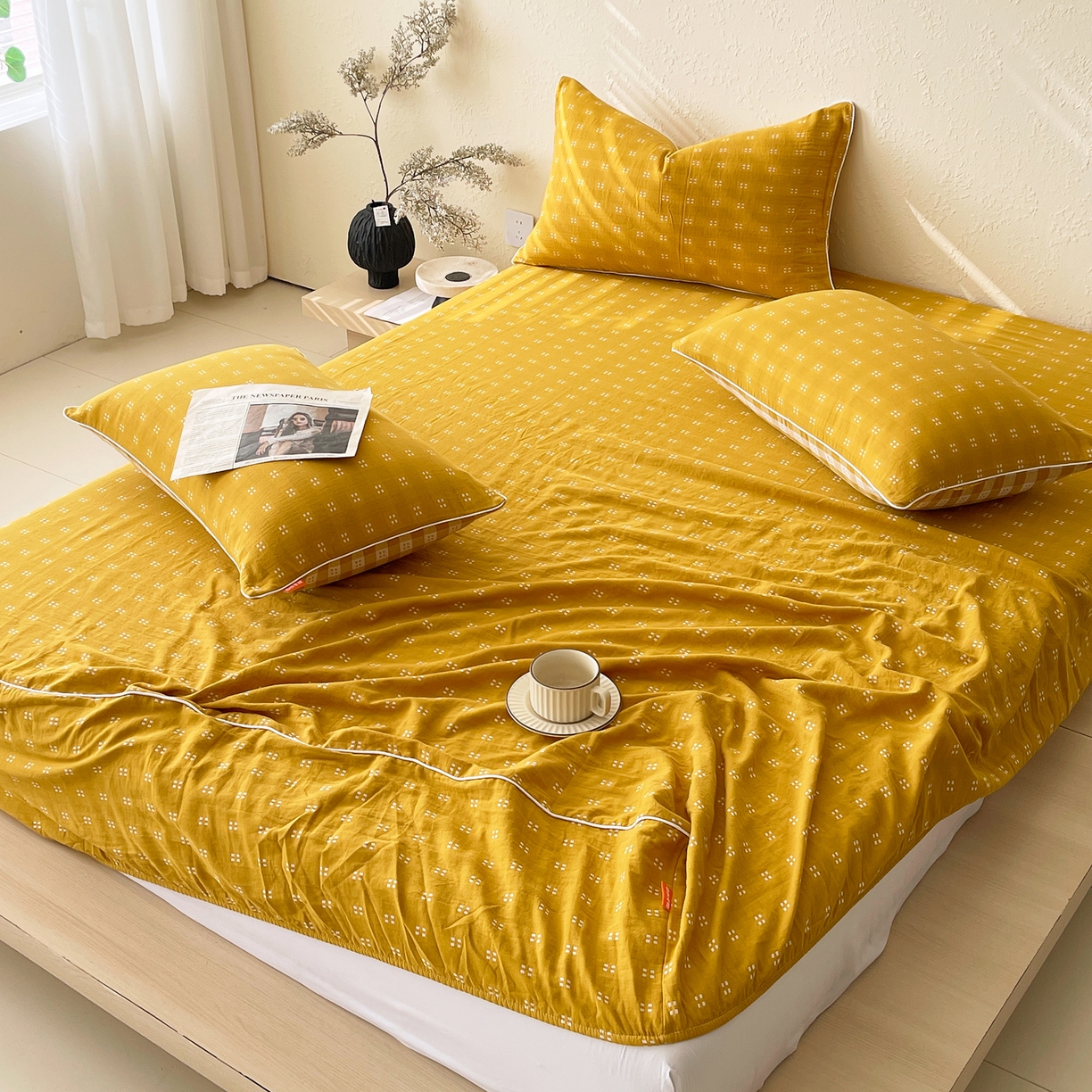 91家纺网 家纺一手货源 找家纺 春皖家纺 2026春夏新款（正反两用）A类提花双层纱单床笠 思柔-黄杏