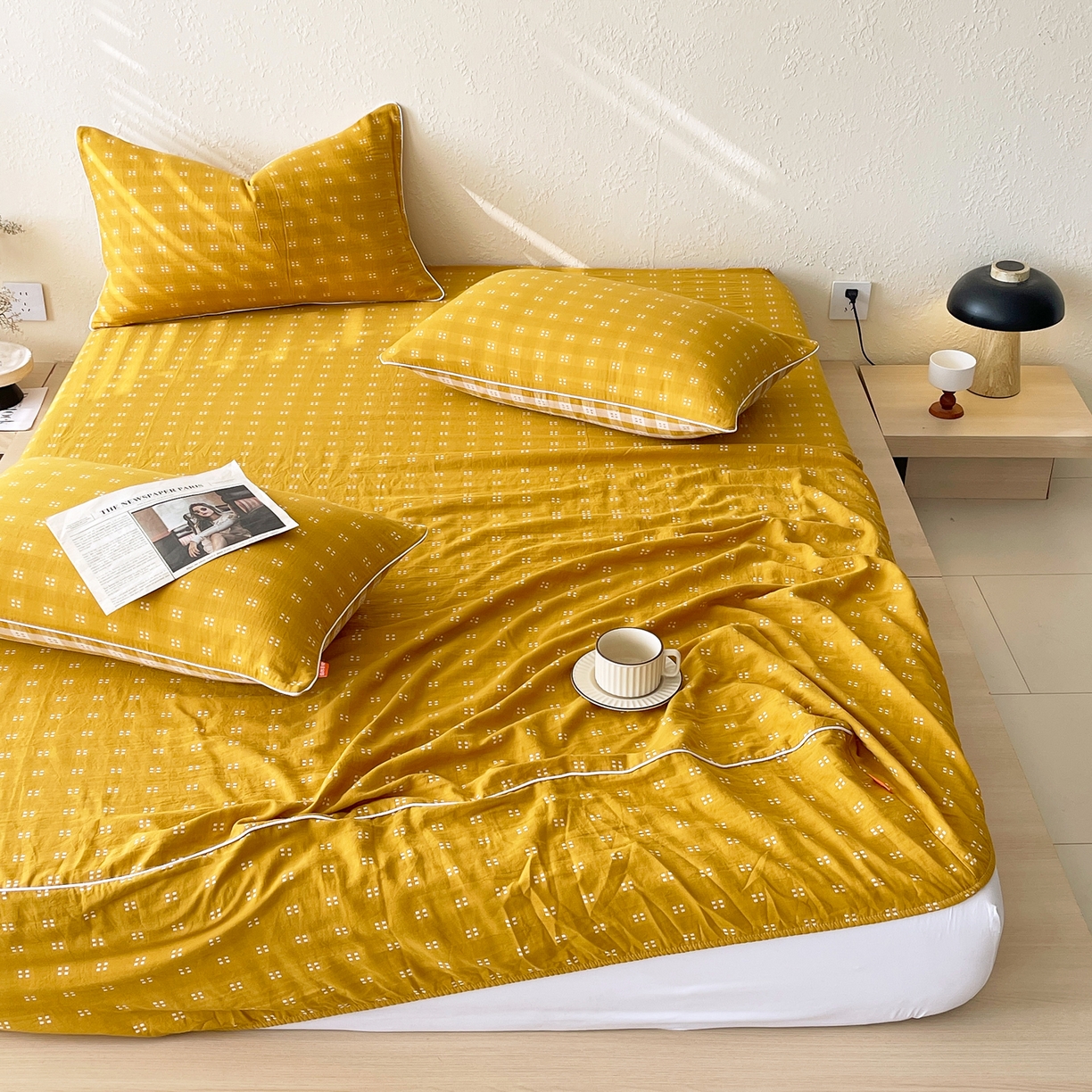 91家纺网 家纺一手货源 找家纺 春皖家纺 2026春夏新款（正反两用）A类提花双层纱单床笠 思柔-黄杏