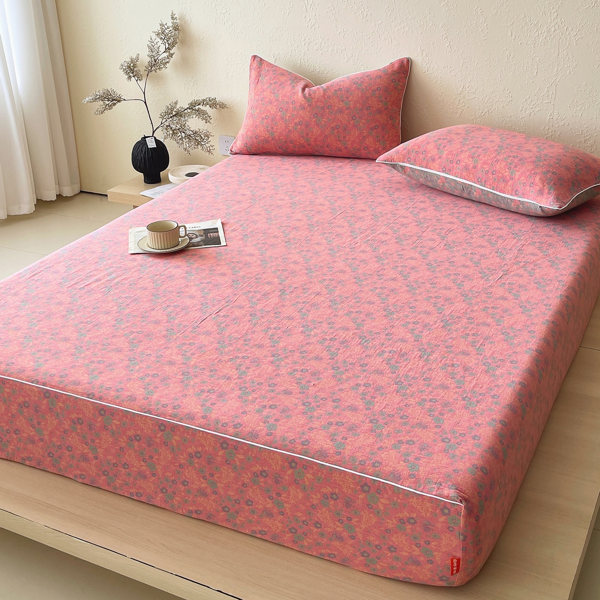 91家纺网 家纺一手货源 找家纺 春皖家纺 2026春夏新款（正反两用）A类提花双层纱单床笠 惜梦-绿粉