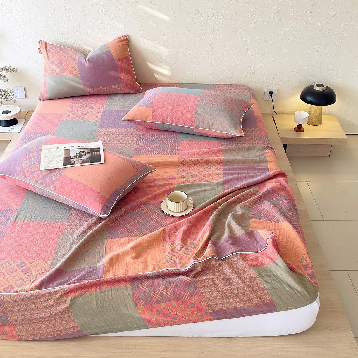 91家纺网 家纺一手货源 找家纺 春皖家纺 2026春夏新款（正反两用）A类提花双层纱单床笠 思菱-粉玉