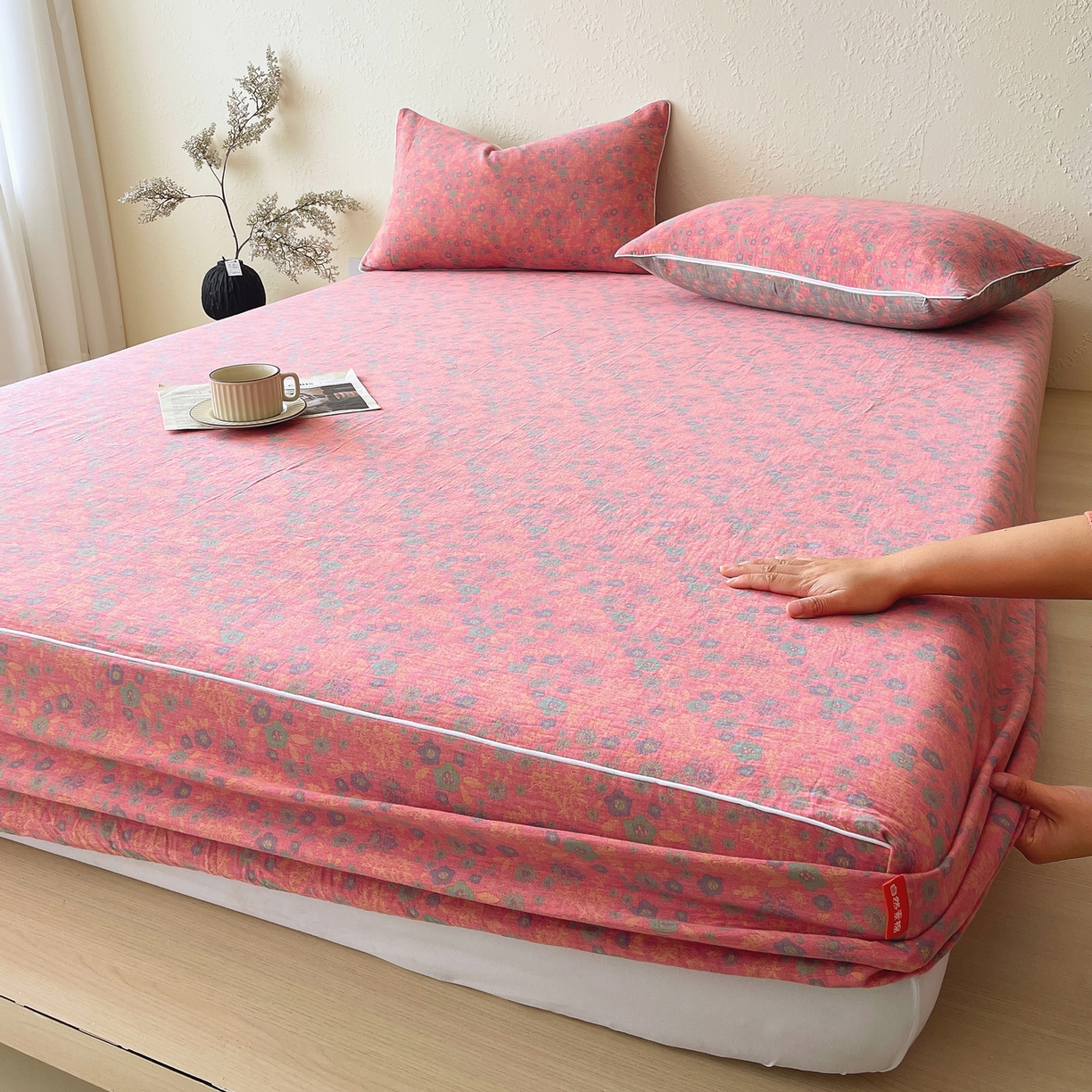 91家纺网 家纺一手货源 找家纺 春皖家纺 2026春夏新款（正反两用）A类提花双层纱单床笠 惜梦-绿粉