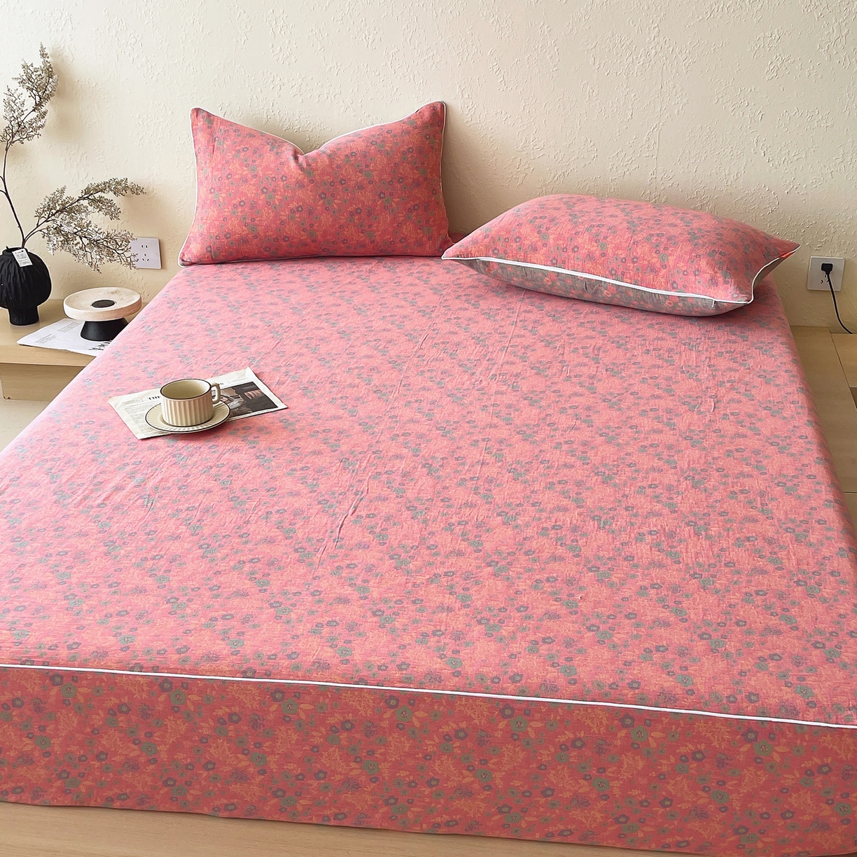 91家纺网 家纺一手货源 找家纺 春皖家纺 2026春夏新款（正反两用）A类提花双层纱单床笠 惜梦-绿粉