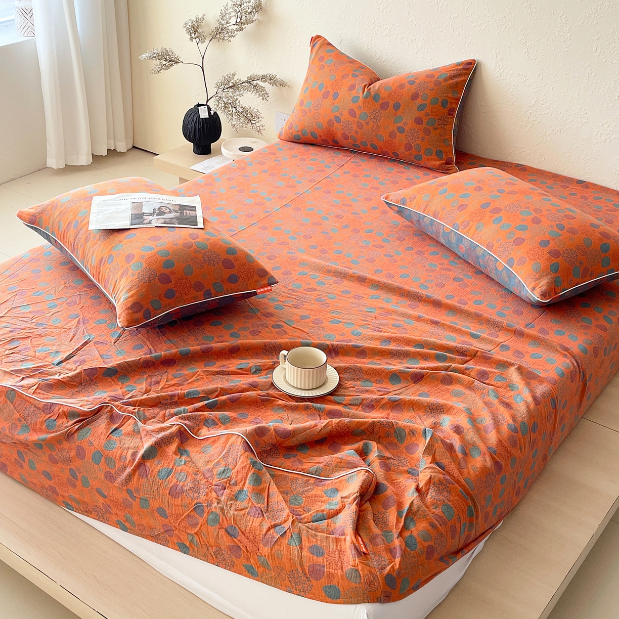 91家纺网 家纺一手货源 找家纺 春皖家纺 2026春夏新款（正反两用）A类提花双层纱单床笠 映阳-蓝黄