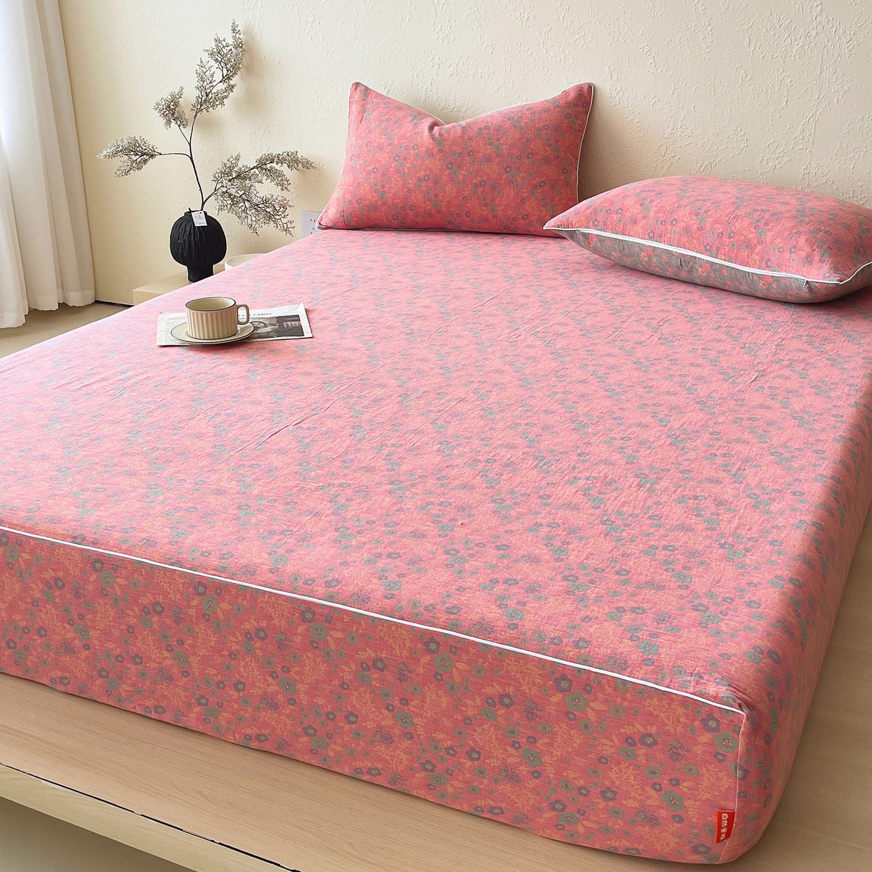 91家纺网 家纺一手货源 找家纺 春皖家纺 2026春夏新款（正反两用）A类提花双层纱单床笠 惜梦-绿粉