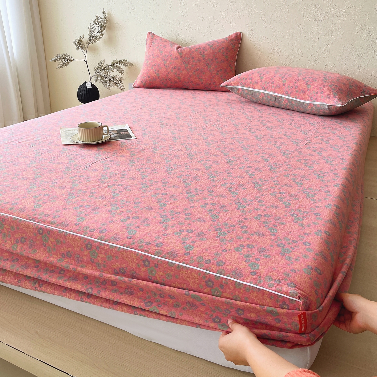 91家纺网 家纺一手货源 找家纺 春皖家纺 2026春夏新款（正反两用）A类提花双层纱单床笠 惜梦-绿粉