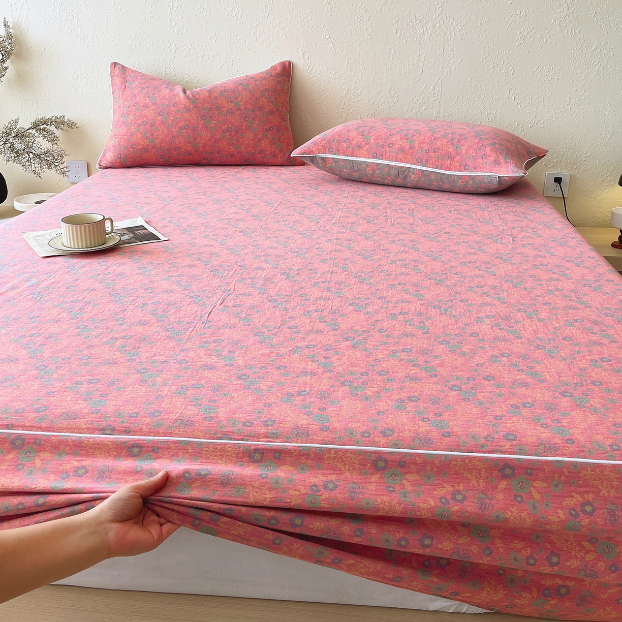 91家纺网 家纺一手货源 找家纺 春皖家纺 2026春夏新款（正反两用）A类提花双层纱单床笠 惜梦-绿粉