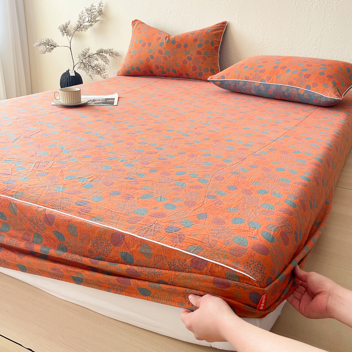 91家纺网 家纺一手货源 找家纺 春皖家纺 2026春夏新款（正反两用）A类提花双层纱单床笠 映阳-蓝黄