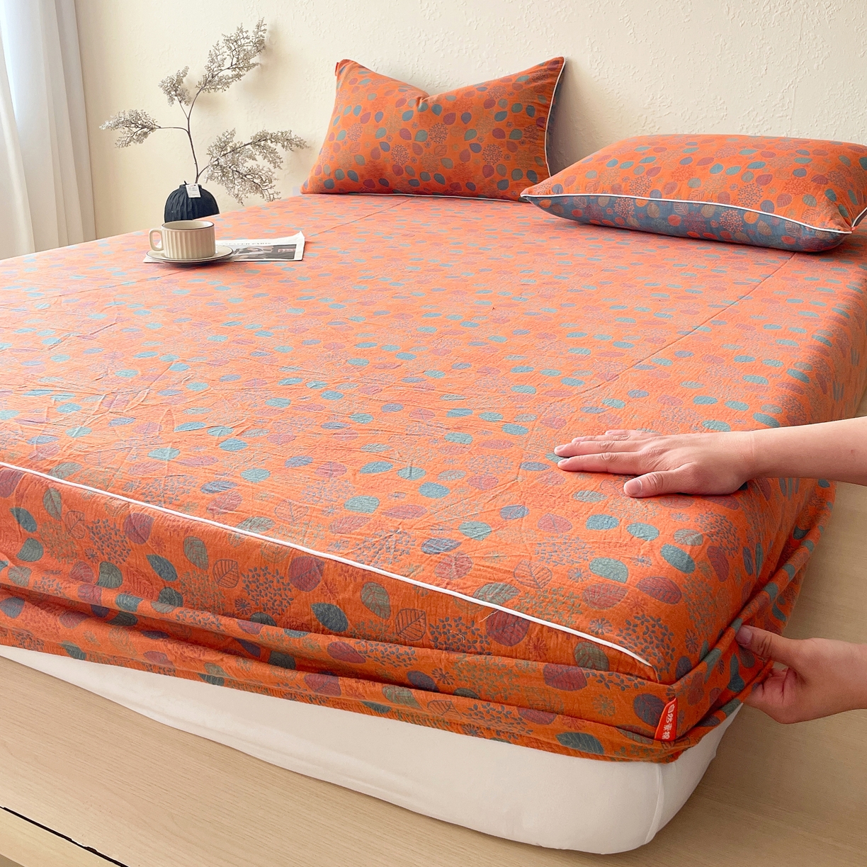 91家纺网 家纺一手货源 找家纺 春皖家纺 2026春夏新款（正反两用）A类提花双层纱单床笠 映阳-蓝黄