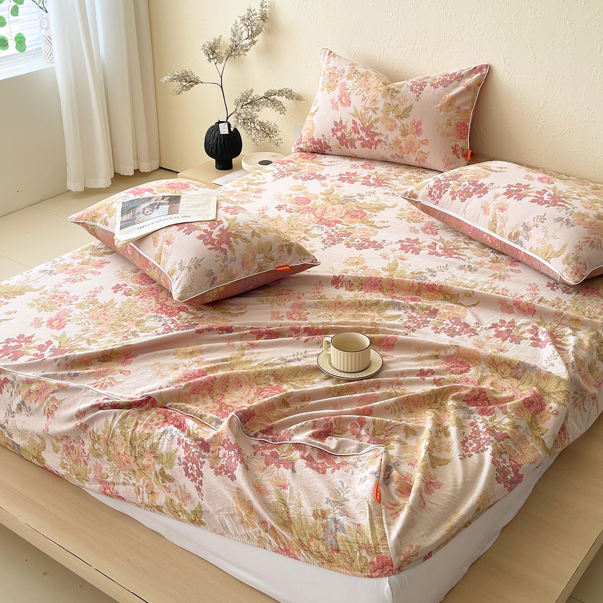 91家纺网 家纺一手货源 找家纺 春皖家纺 2026春夏新款（正反两用）A类提花双层纱单床笠 霞沫