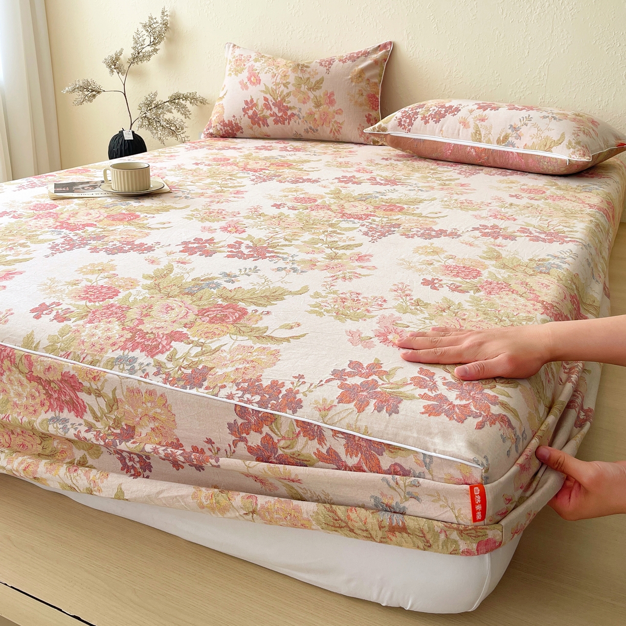 91家纺网 家纺一手货源 找家纺 春皖家纺 2026春夏新款（正反两用）A类提花双层纱单床笠 霞沫