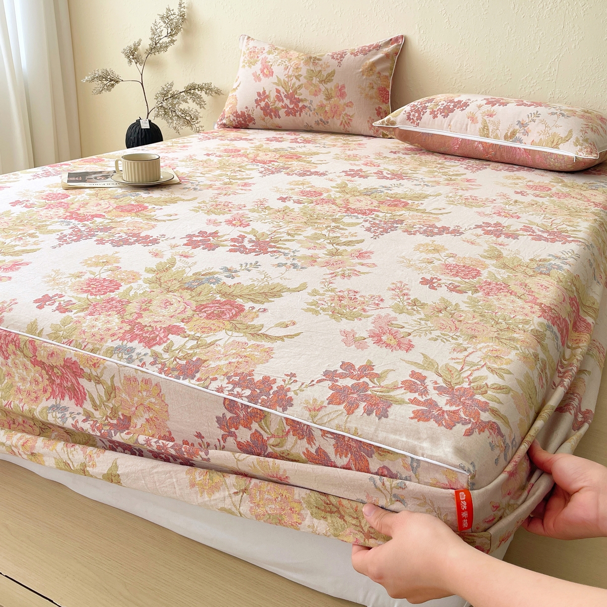 91家纺网 家纺一手货源 找家纺 春皖家纺 2026春夏新款（正反两用）A类提花双层纱单床笠 霞沫