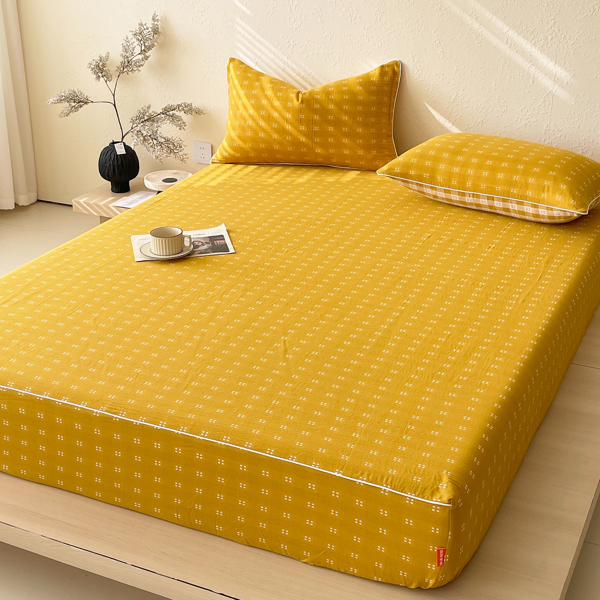 91家纺网 家纺一手货源 找家纺 春皖家纺 2026春夏新款（正反两用）A类提花双层纱单床笠 思柔-黄杏