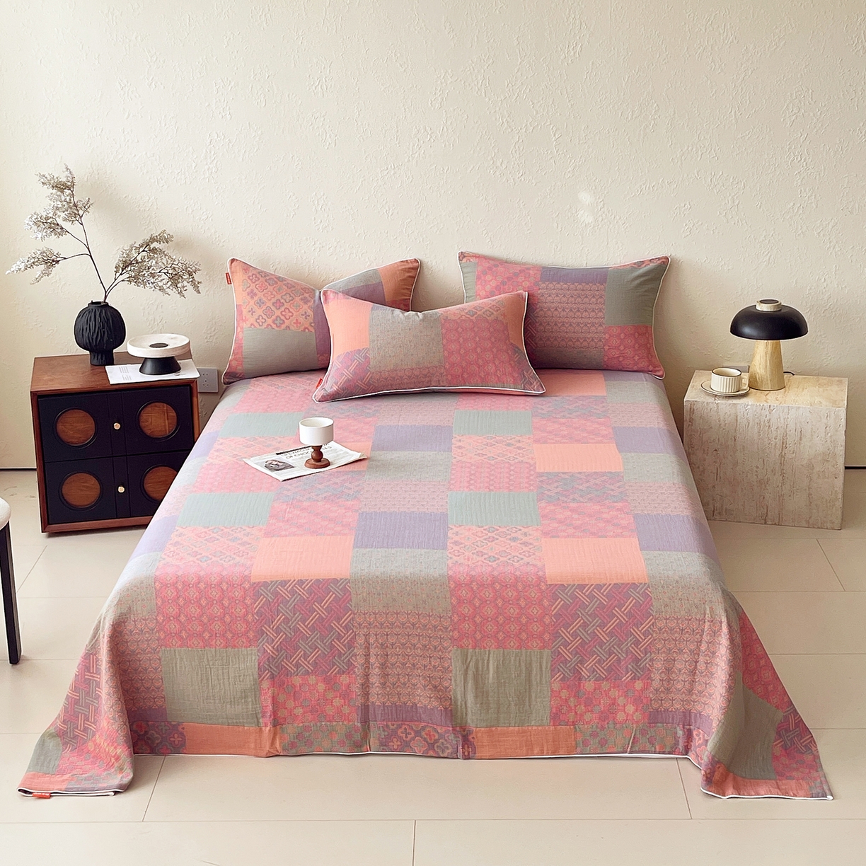 91家纺网 家纺一手货源 找家纺 春皖家纺 2026春夏新款（正反两用）A类提花双层纱单床单 思菱-粉玉