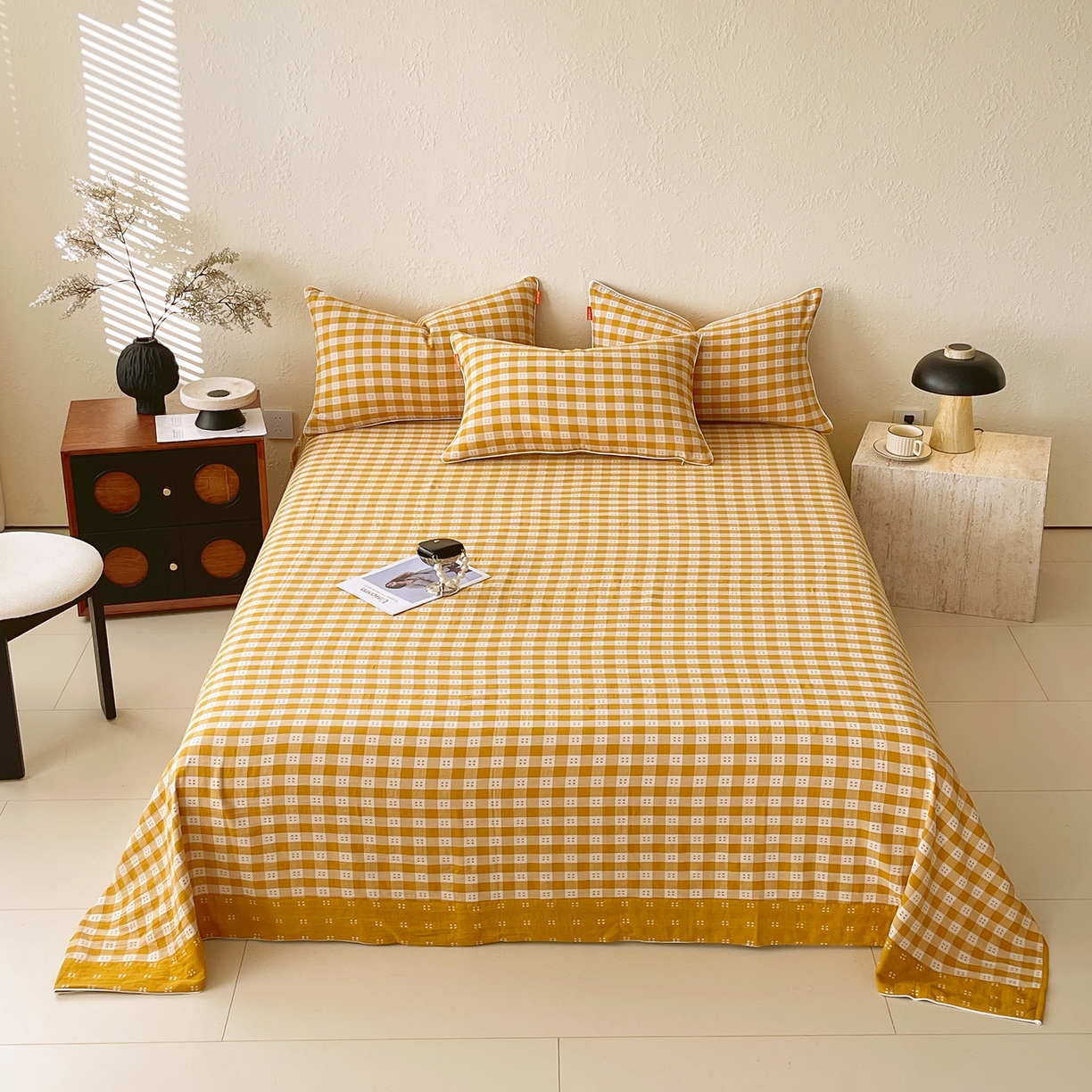 91家纺网 家纺一手货源 找家纺 春皖家纺 2026春夏新款（正反两用）A类提花双层纱单床单 思柔-黄杏